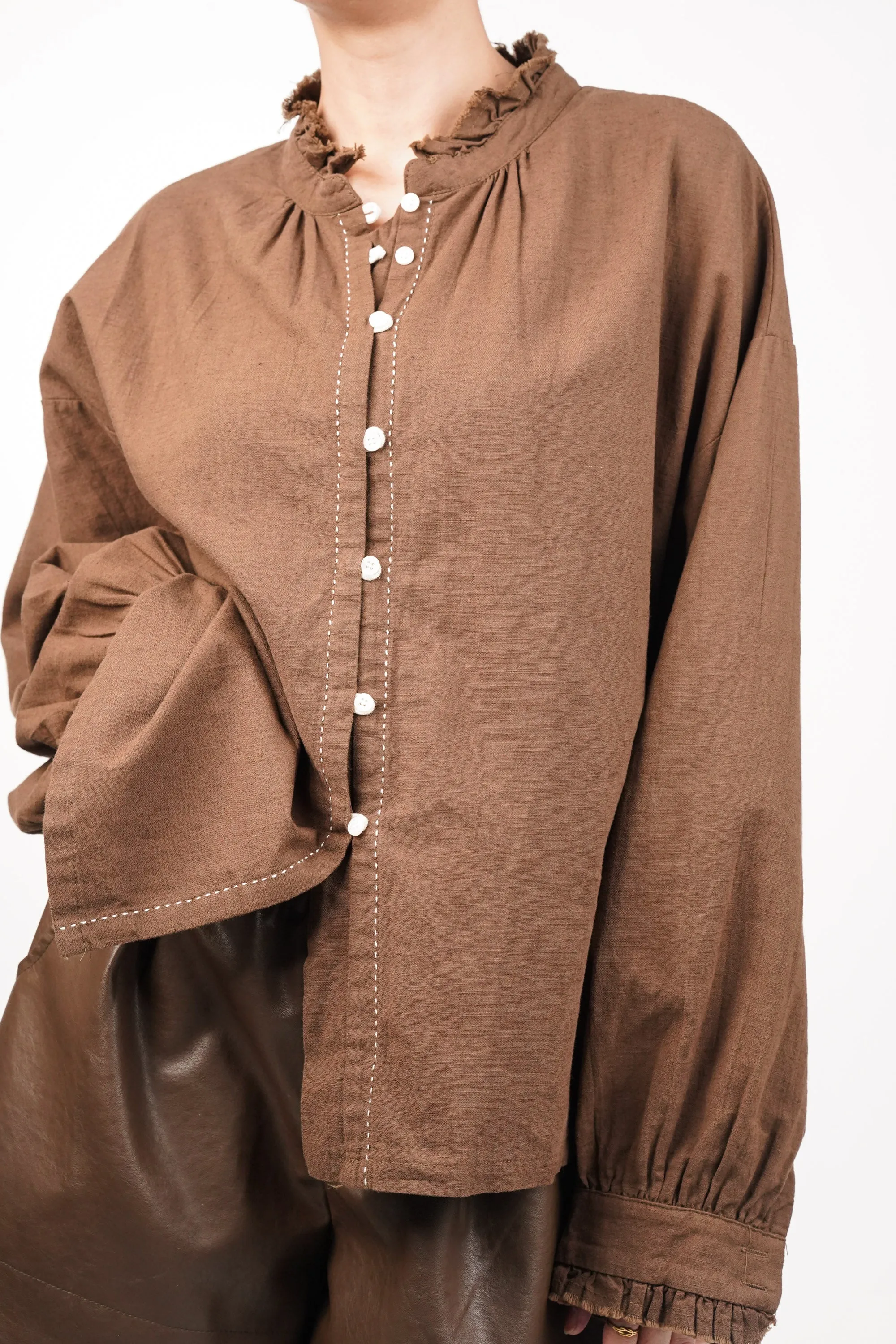 Distressed Mandarin Collar Oversized Shirt