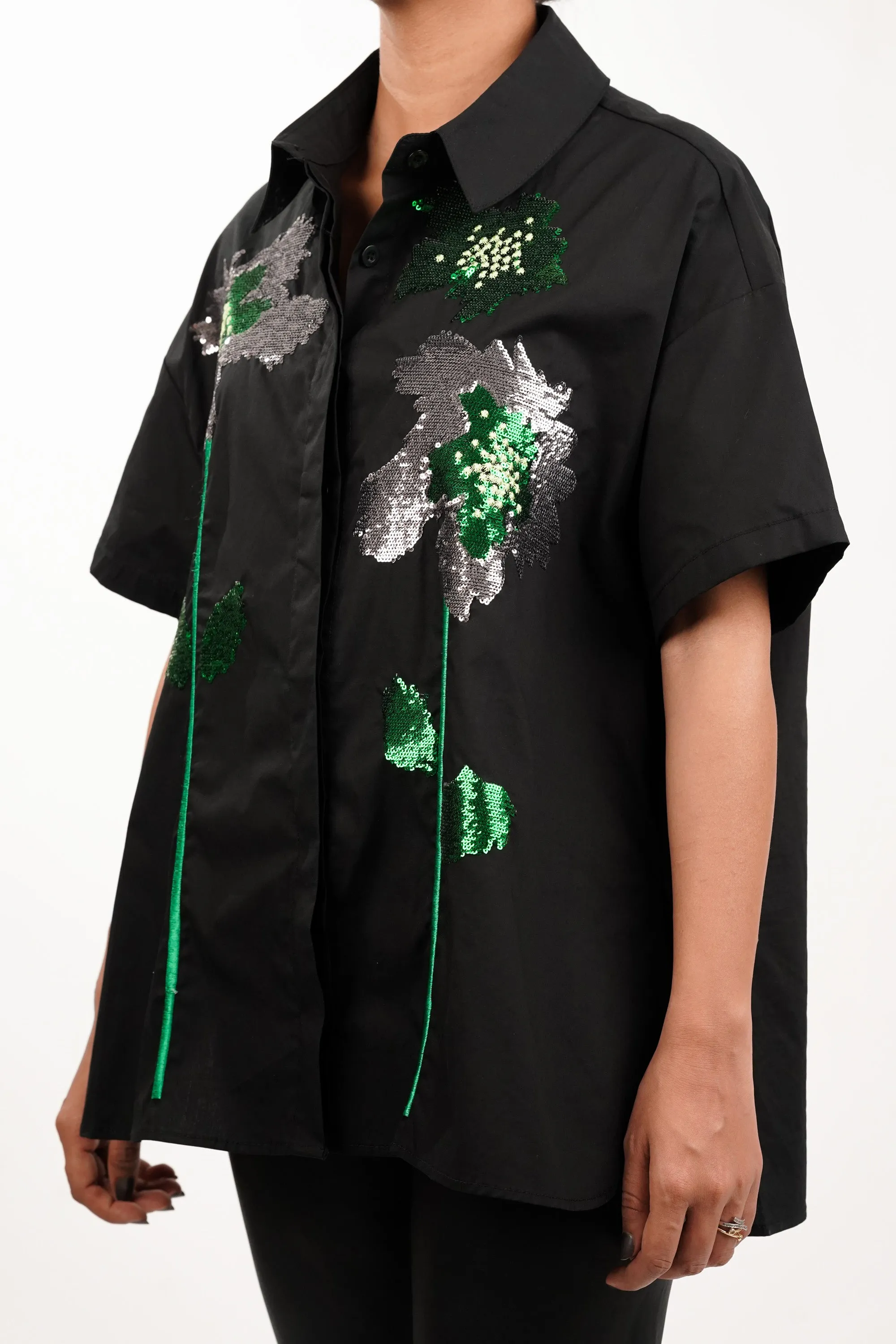 Embellished Black Oversized Shirt