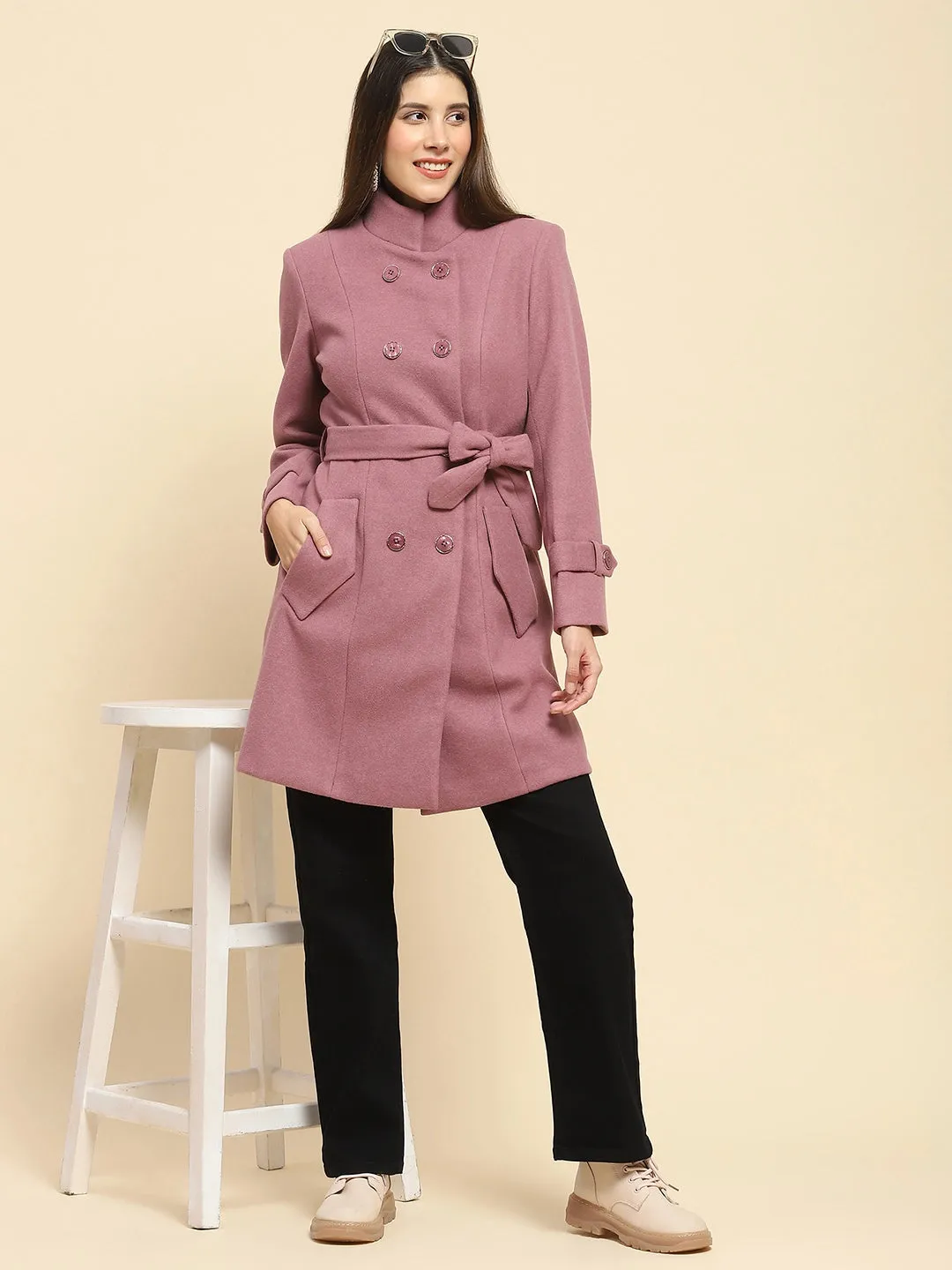 Falsa Poly Blend Solid Regular Fit Long Coat For Winter