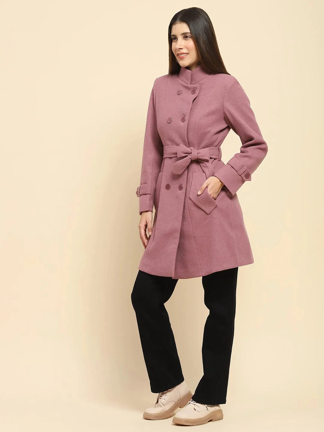 Falsa Poly Blend Solid Regular Fit Long Coat For Winter