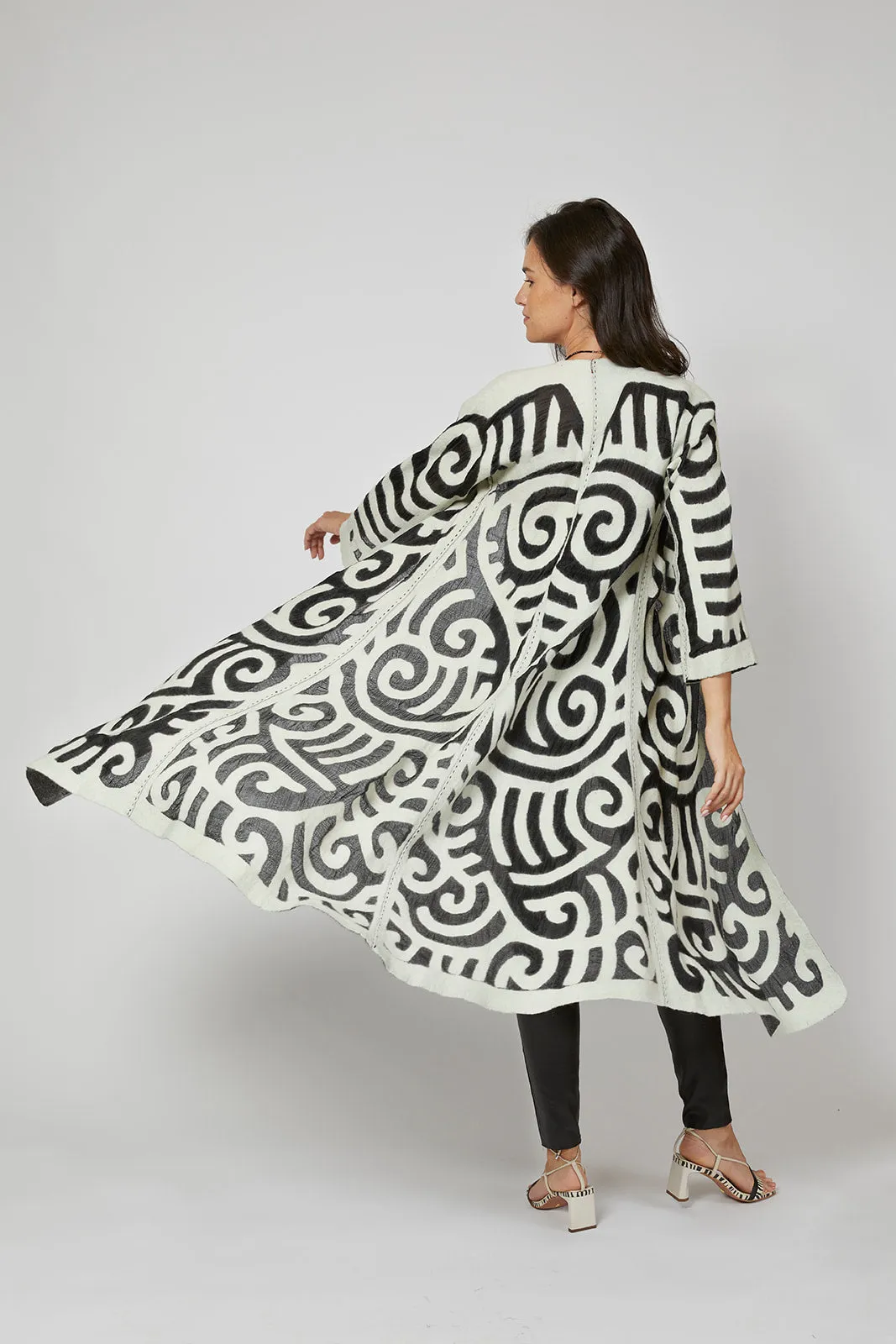 Felted Wool Coat from Kyrgyzstan - Long - Ivory and Black by Larkin Lane