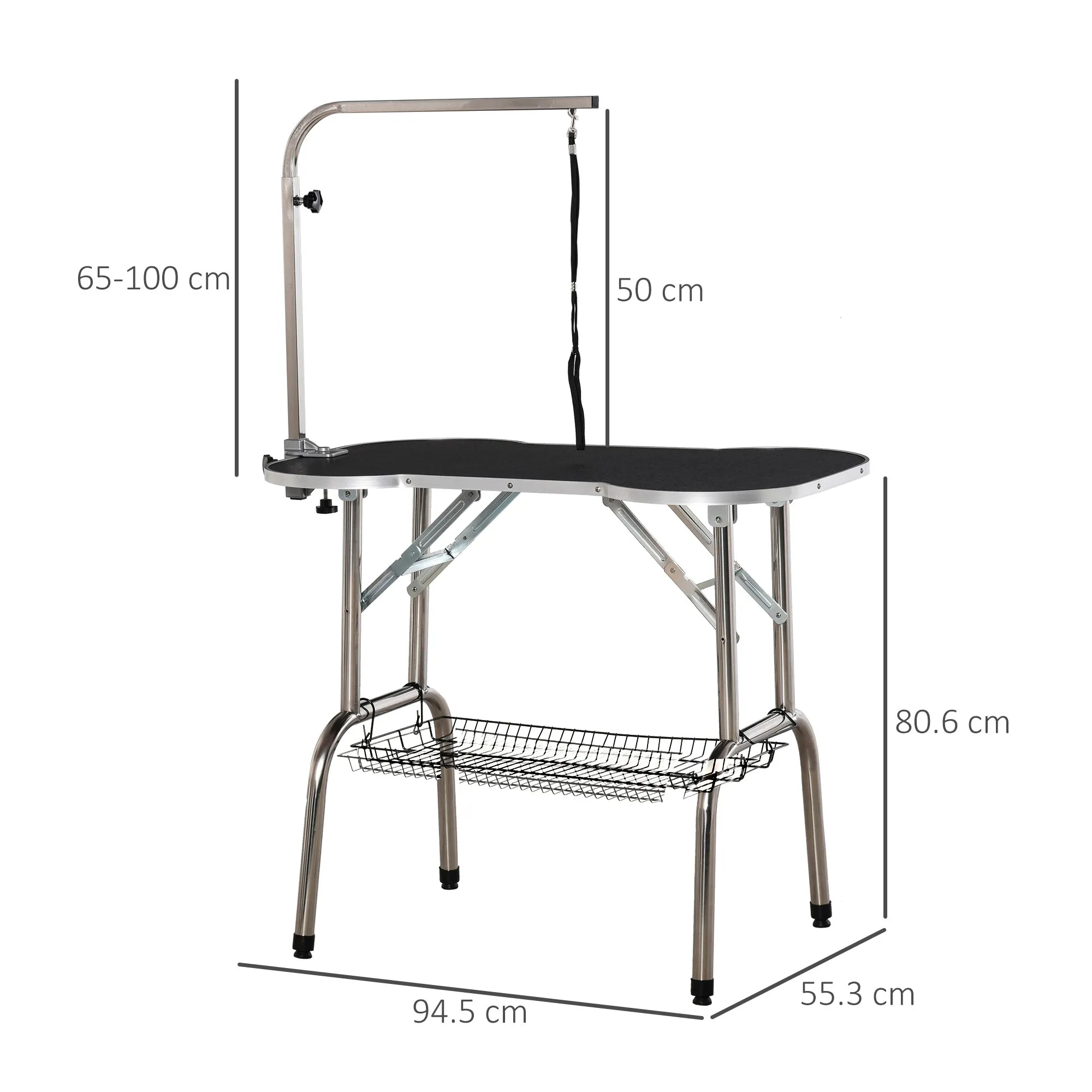 Foldable Pet Grooming Table Dog Drying Table with Adjustable Arm Non-Slip Rubber Tabletop Aluminium Alloy Edge Stainless Steel Bar Sling Black