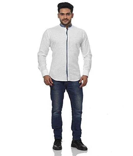 Globalrang Men'S Stand Collar Linen Blend Shirt With Denim Pattern_White_Medium