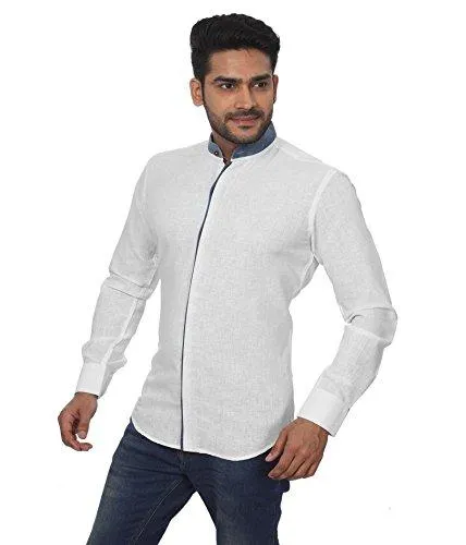 Globalrang Men'S Stand Collar Linen Blend Shirt With Denim Pattern_White_Medium