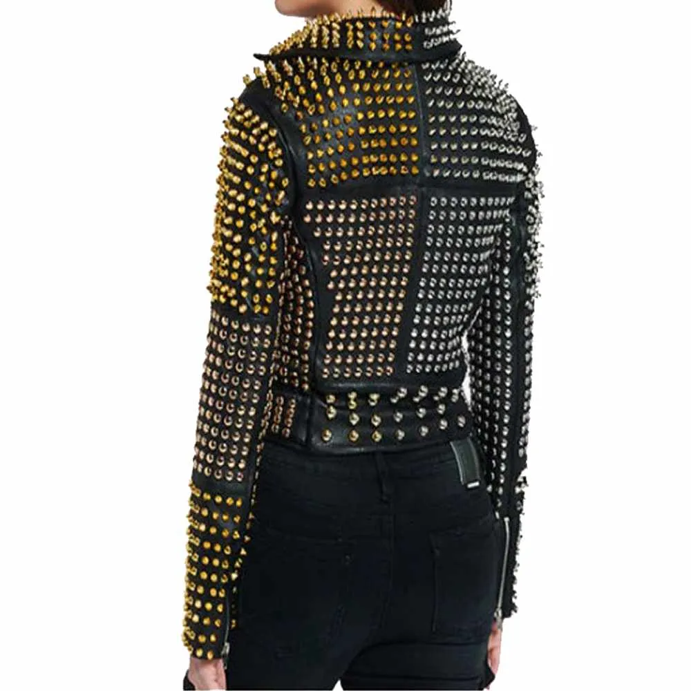 Golden Silver Studded Leather Jacket