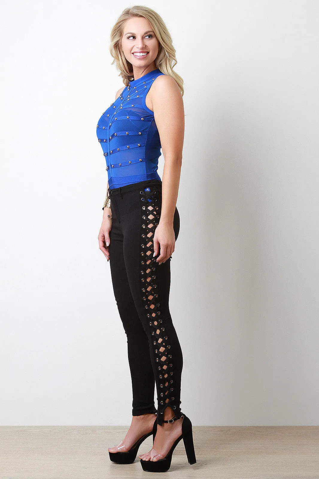 Grommet Corset Lace-Up Mid Rise Stretchy Pants