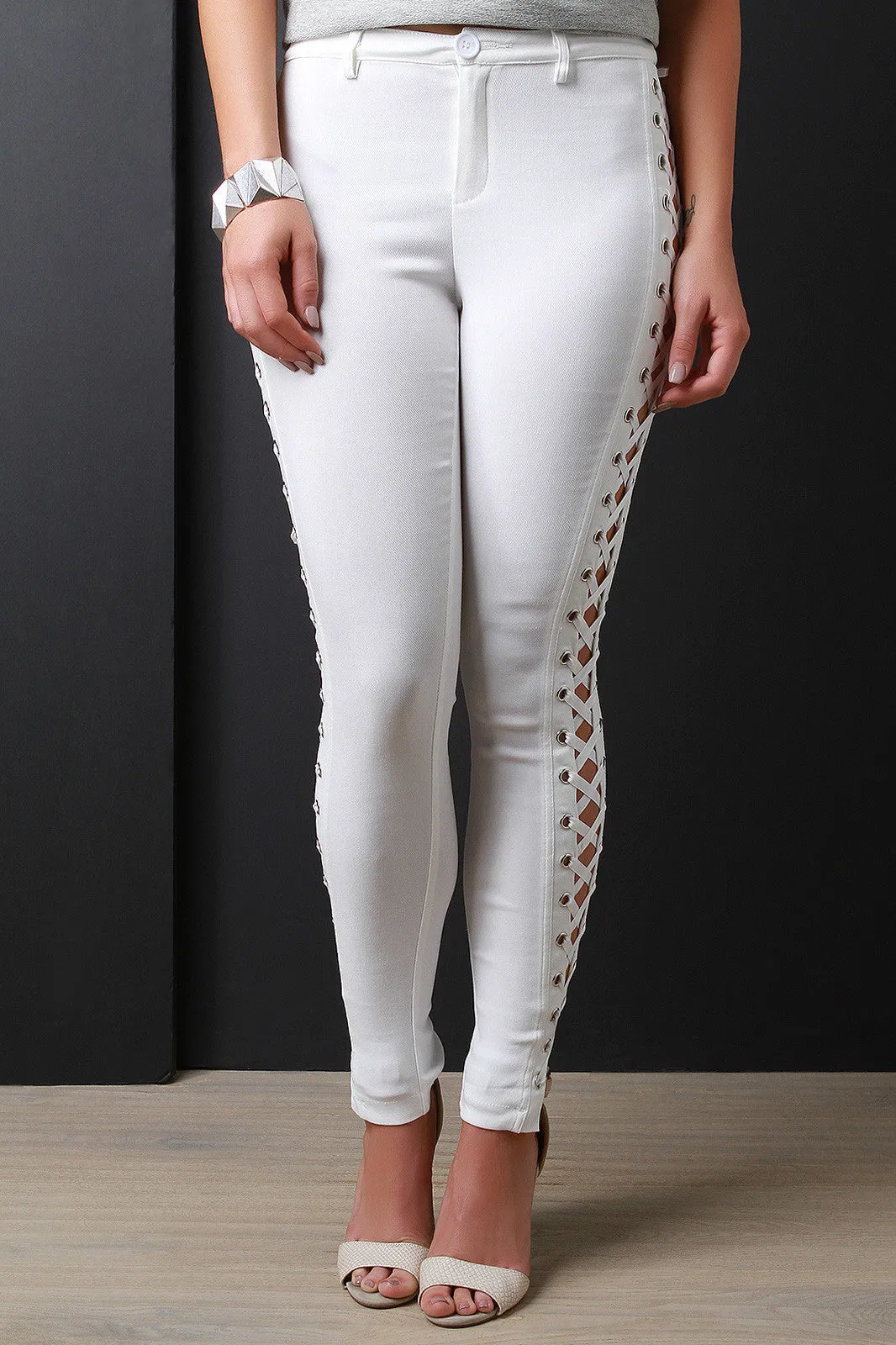 Grommet Corset Lace-Up Mid Rise Stretchy Pants