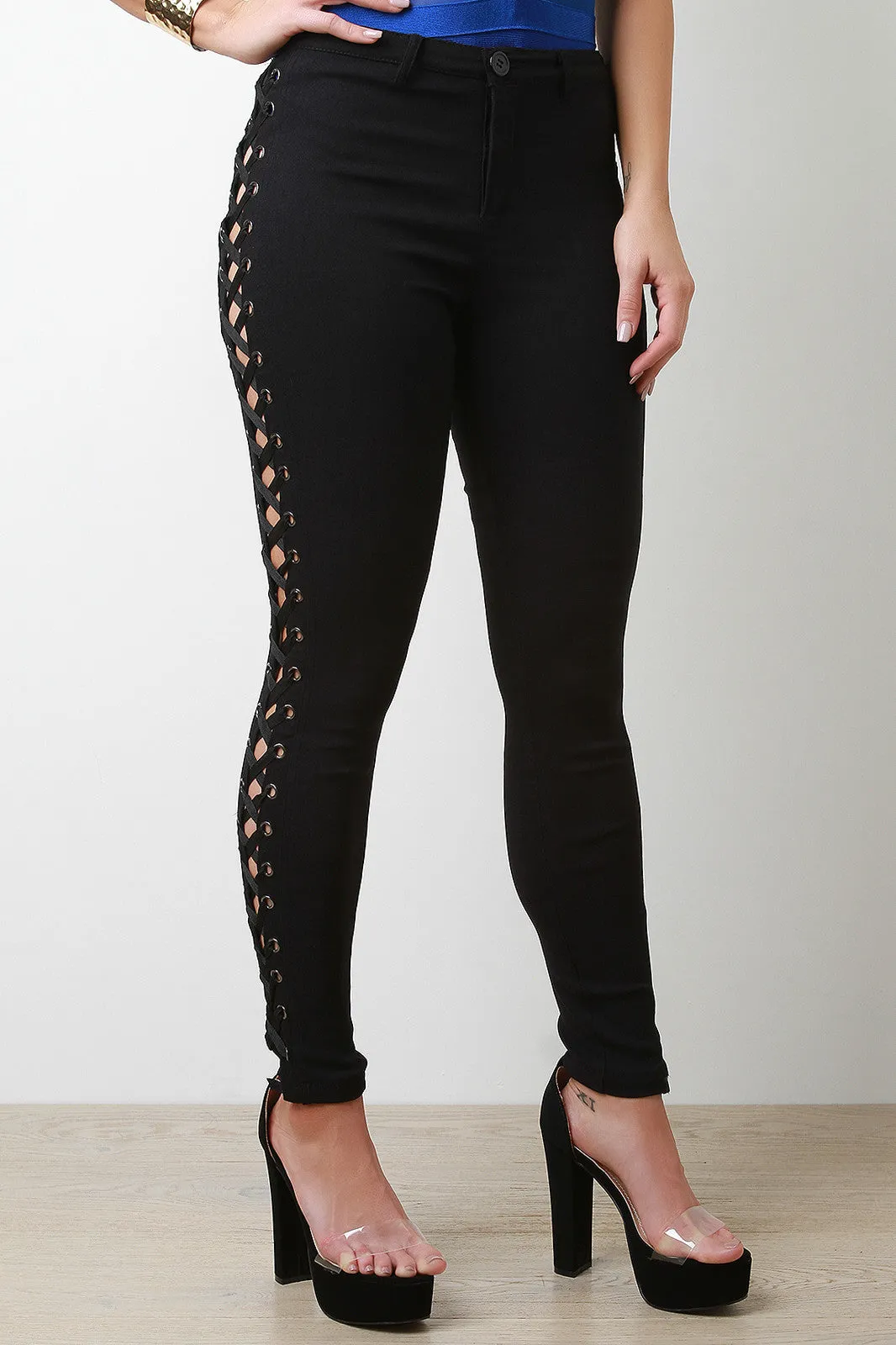 Grommet Corset Lace-Up Mid Rise Stretchy Pants