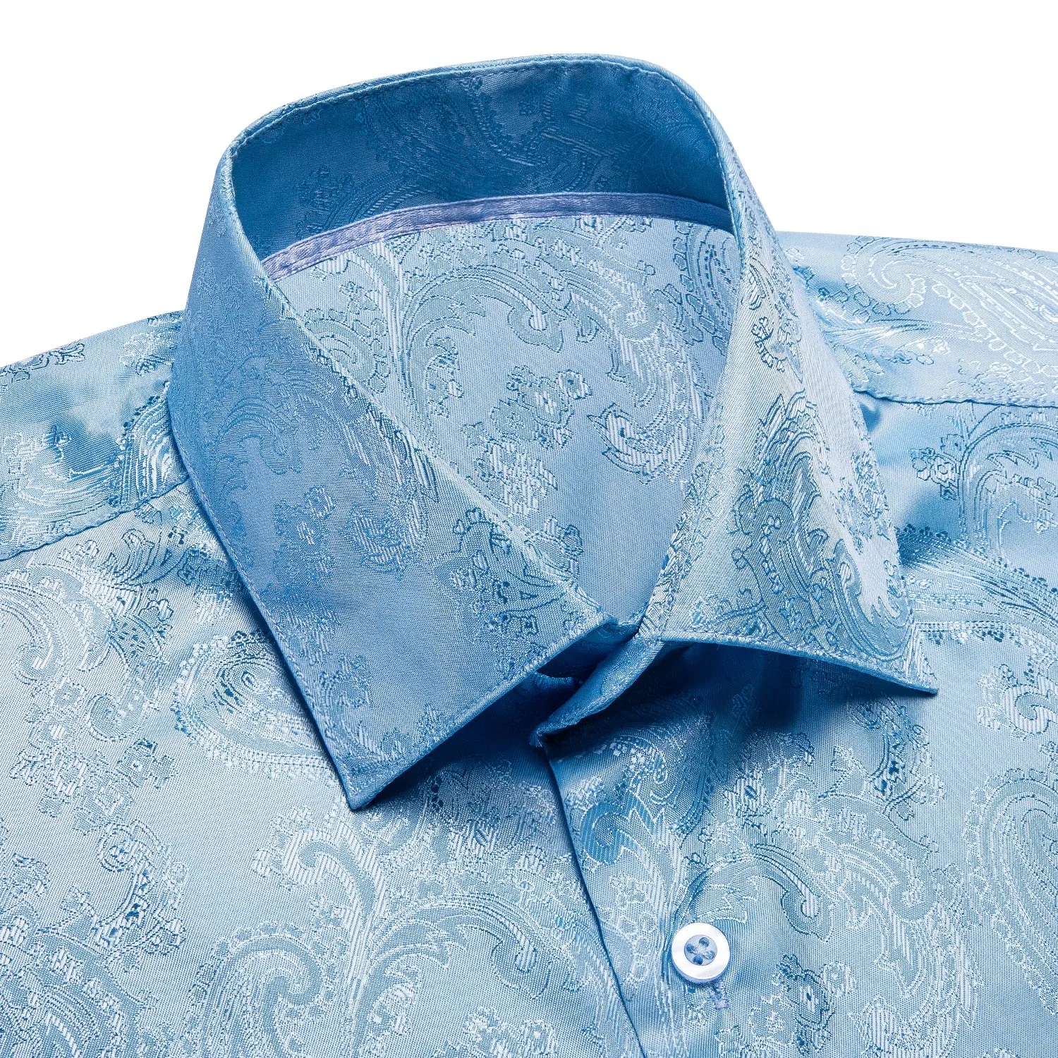 Hi-Tie Light Blue Shirt Sky-blue Paisley Silk Men's Button Up Shirt