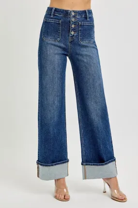 High Rise Ankle Wide Cuffed Jeans