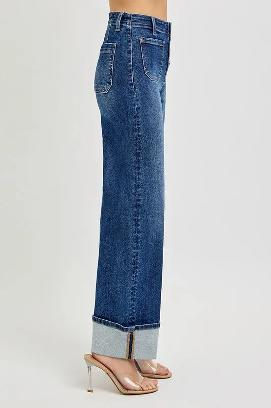 High Rise Ankle Wide Cuffed Jeans