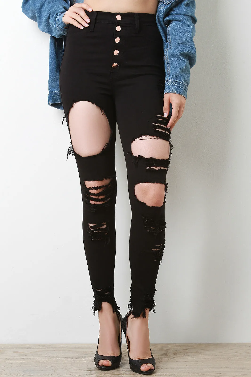 High Waisted Button Fly Distressed Skinny Jeans