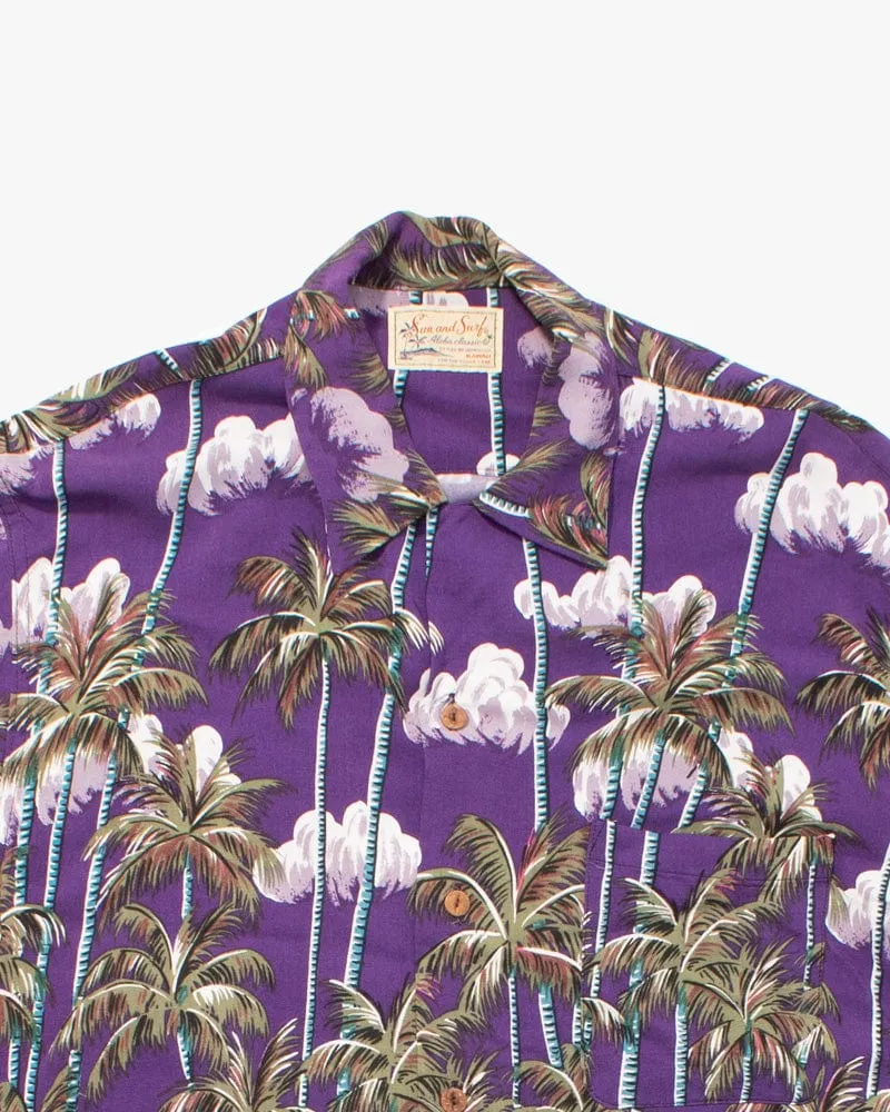 Japanese Repro Shirt, Aloha Short Sleeve, Sun Surf X Sugar Cane Brand, Purple Sunset with Palm Trees - L