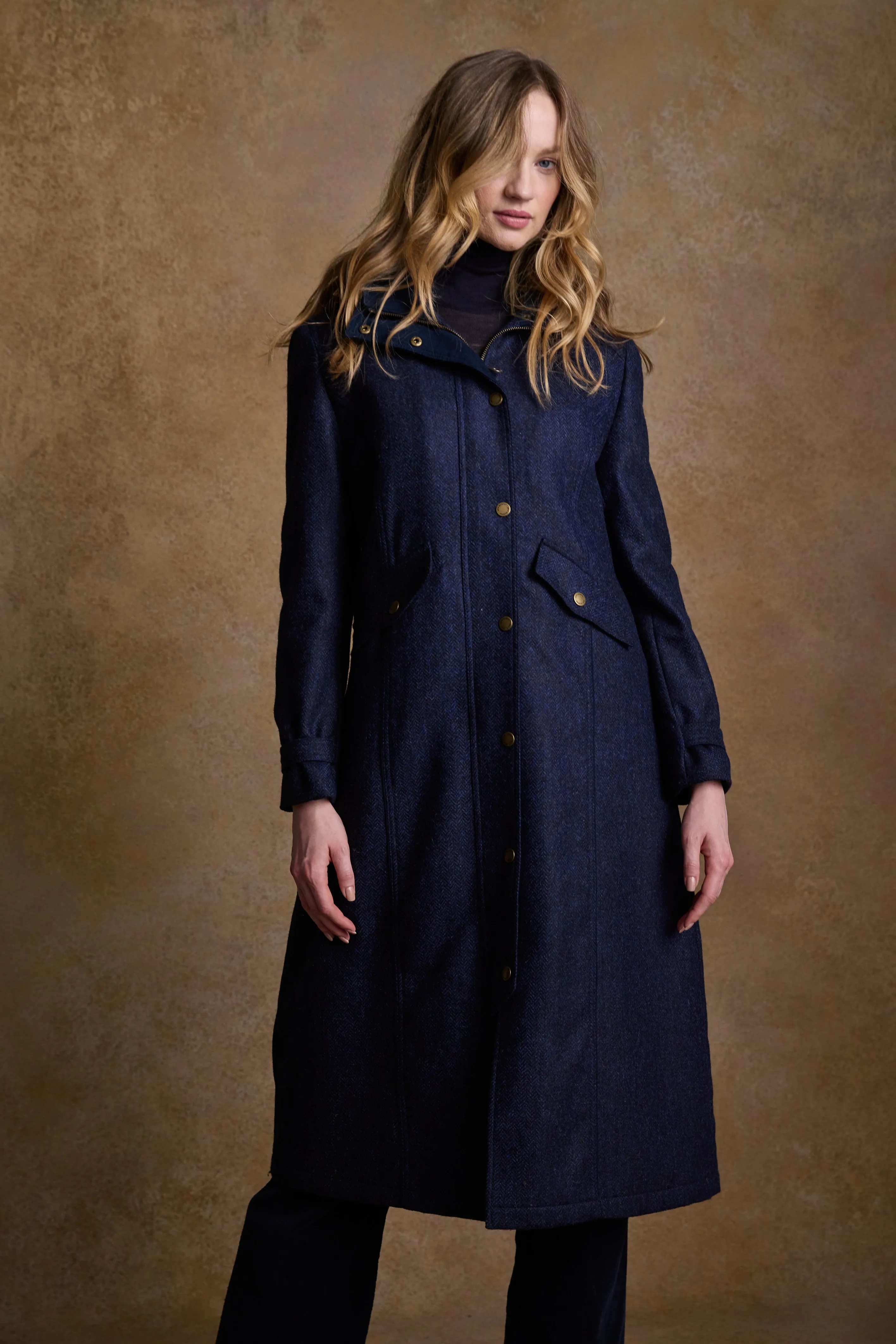 Julia Long Tweed Coat - Navy Herringbone