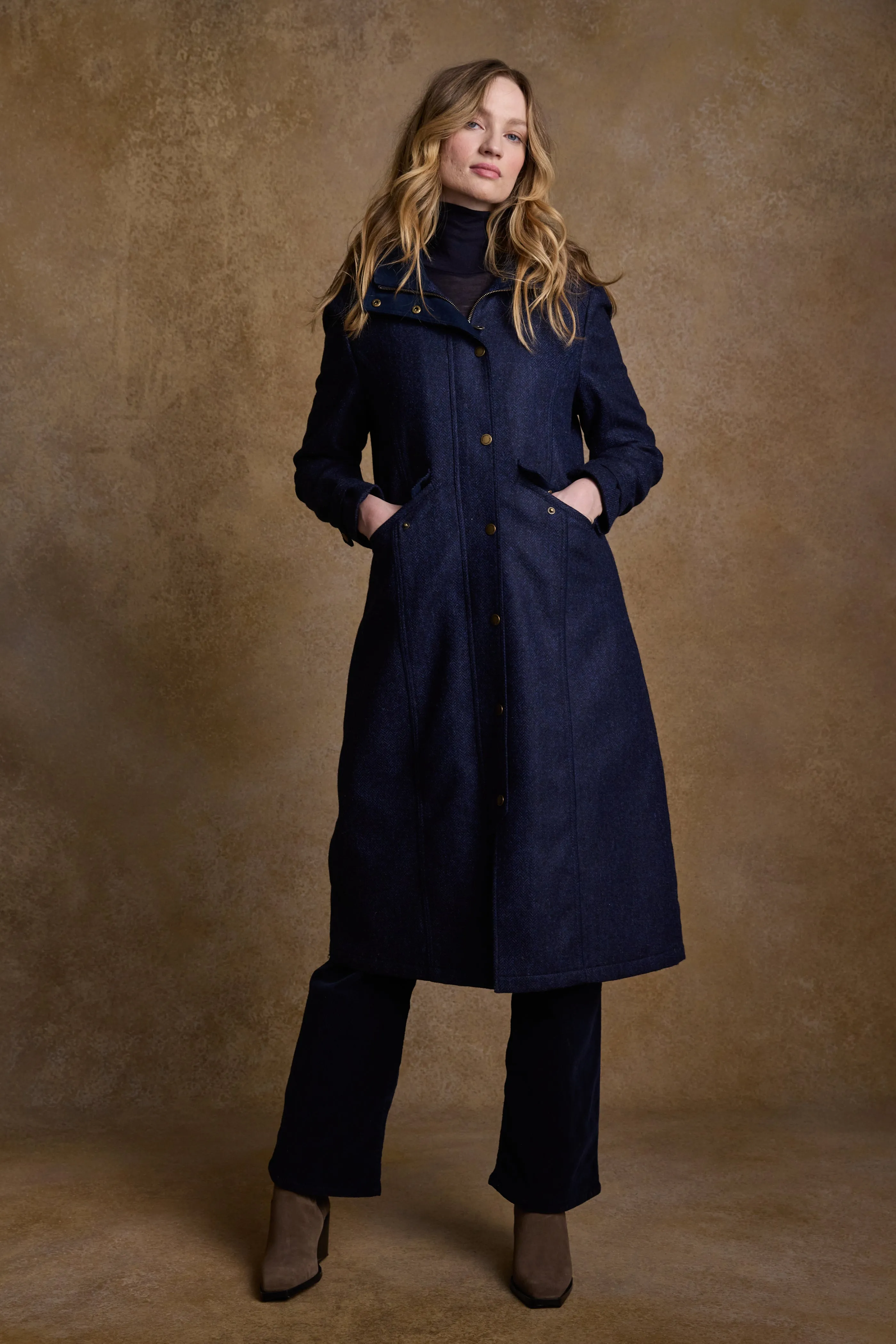 Julia Long Tweed Coat - Navy Herringbone