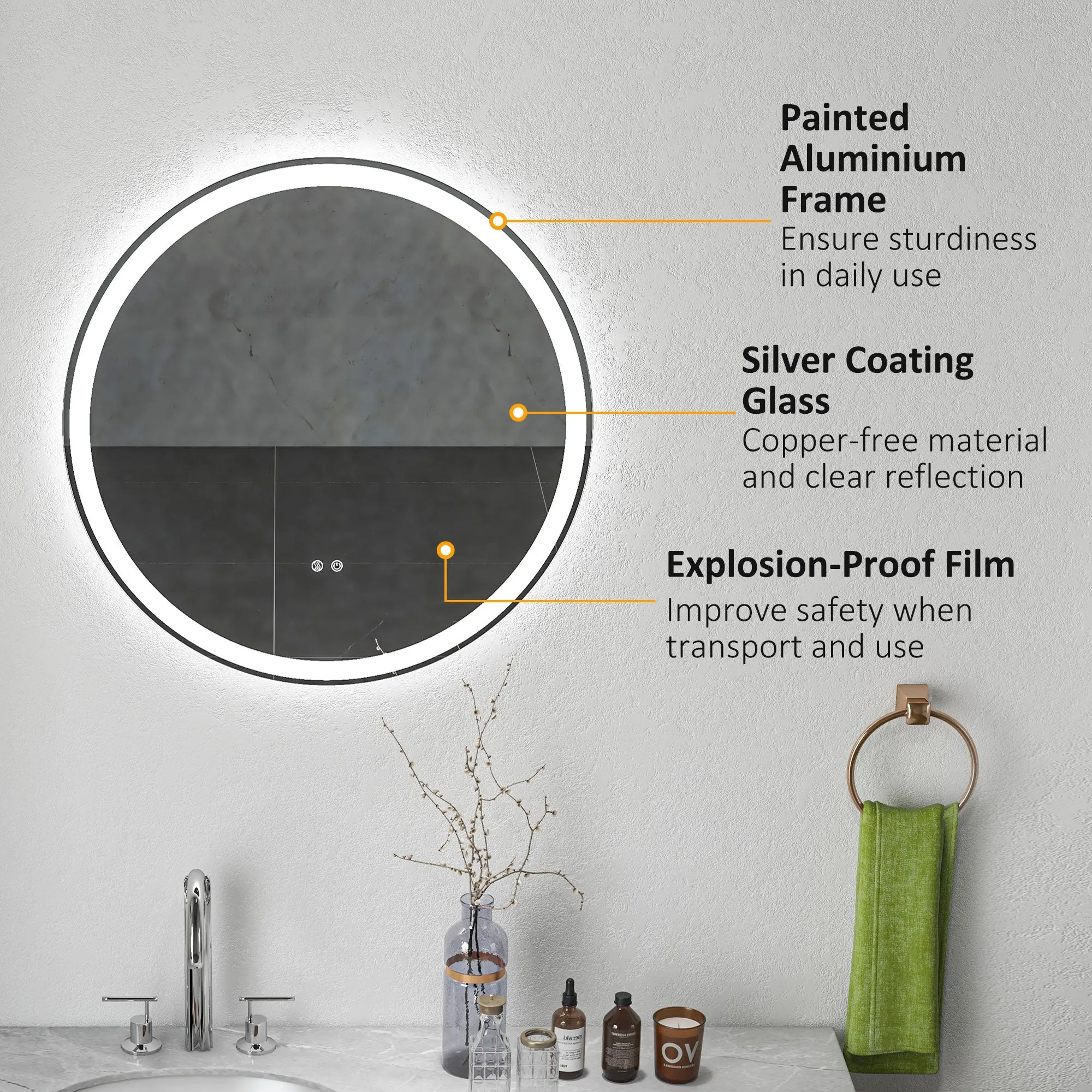 Kleankin Round Bathroom Mirror with LED Lights, 3 Temperature Colours, Defogging Film, Aluminium Frame, Hardwired, 70 x 70 cm