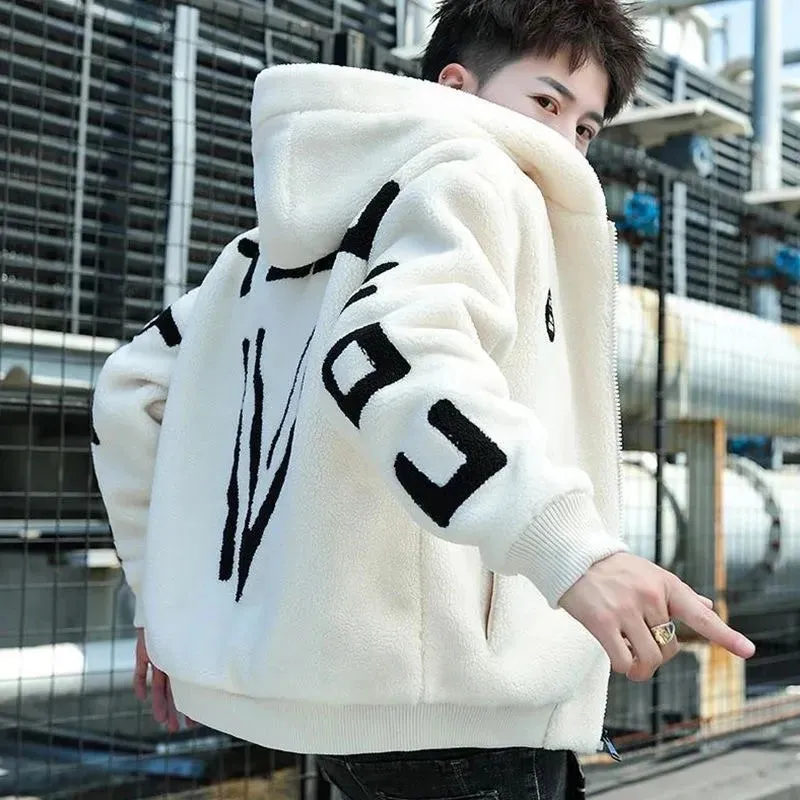 Lamb Wool Coat Men Korean Zipper Casual Cotton-Padded Jacket Autumn Winter