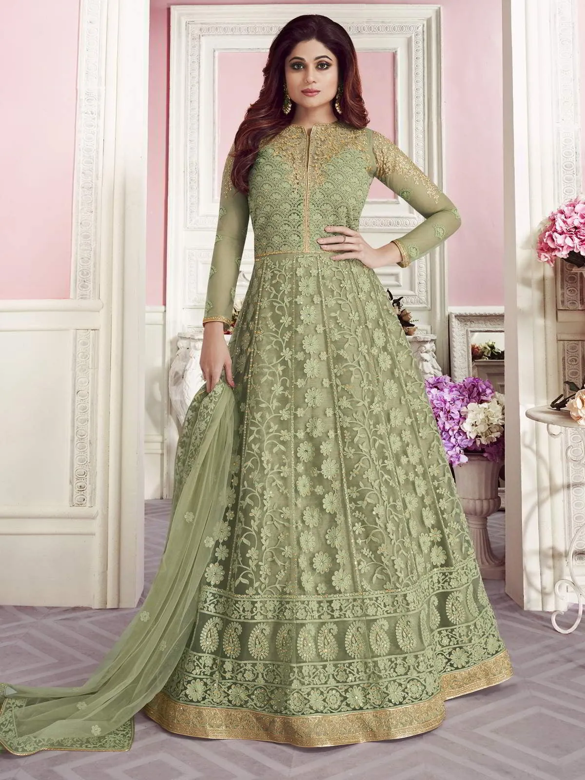 Light Green Overall Embroidered Designer Net Anarkali Suit