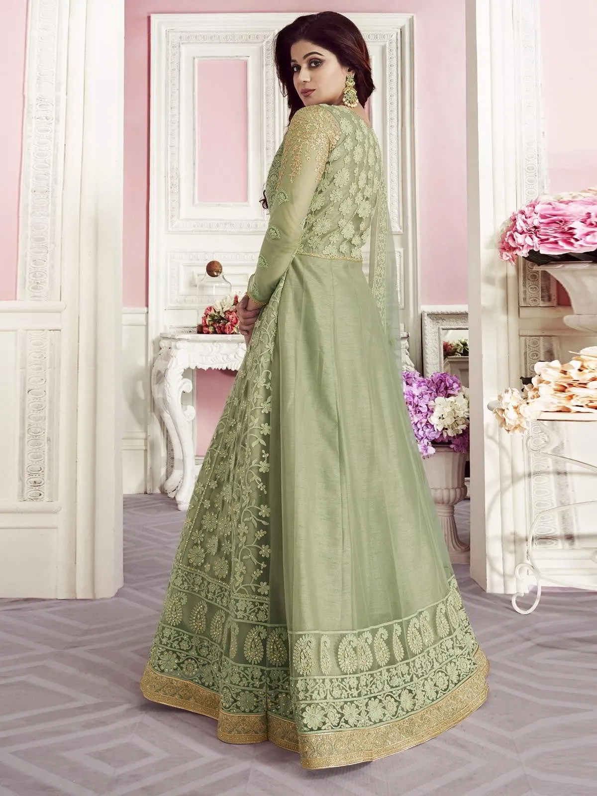 Light Green Overall Embroidered Designer Net Anarkali Suit