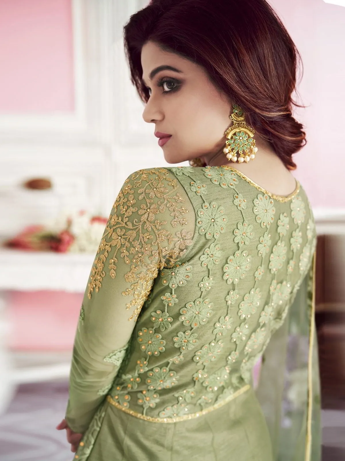 Light Green Overall Embroidered Designer Net Anarkali Suit