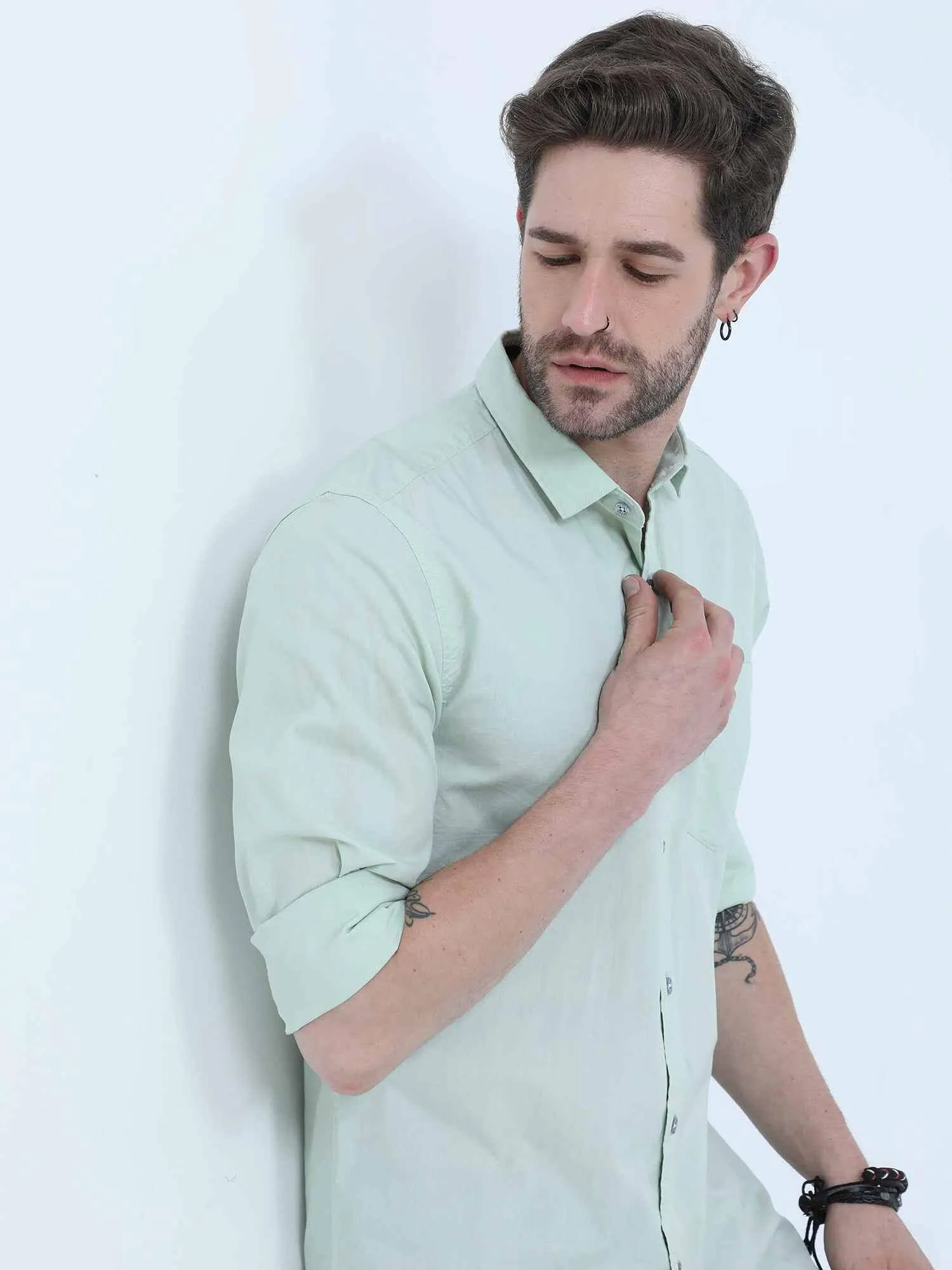 Light Green Solid Cotton Full Sleeve Shirt