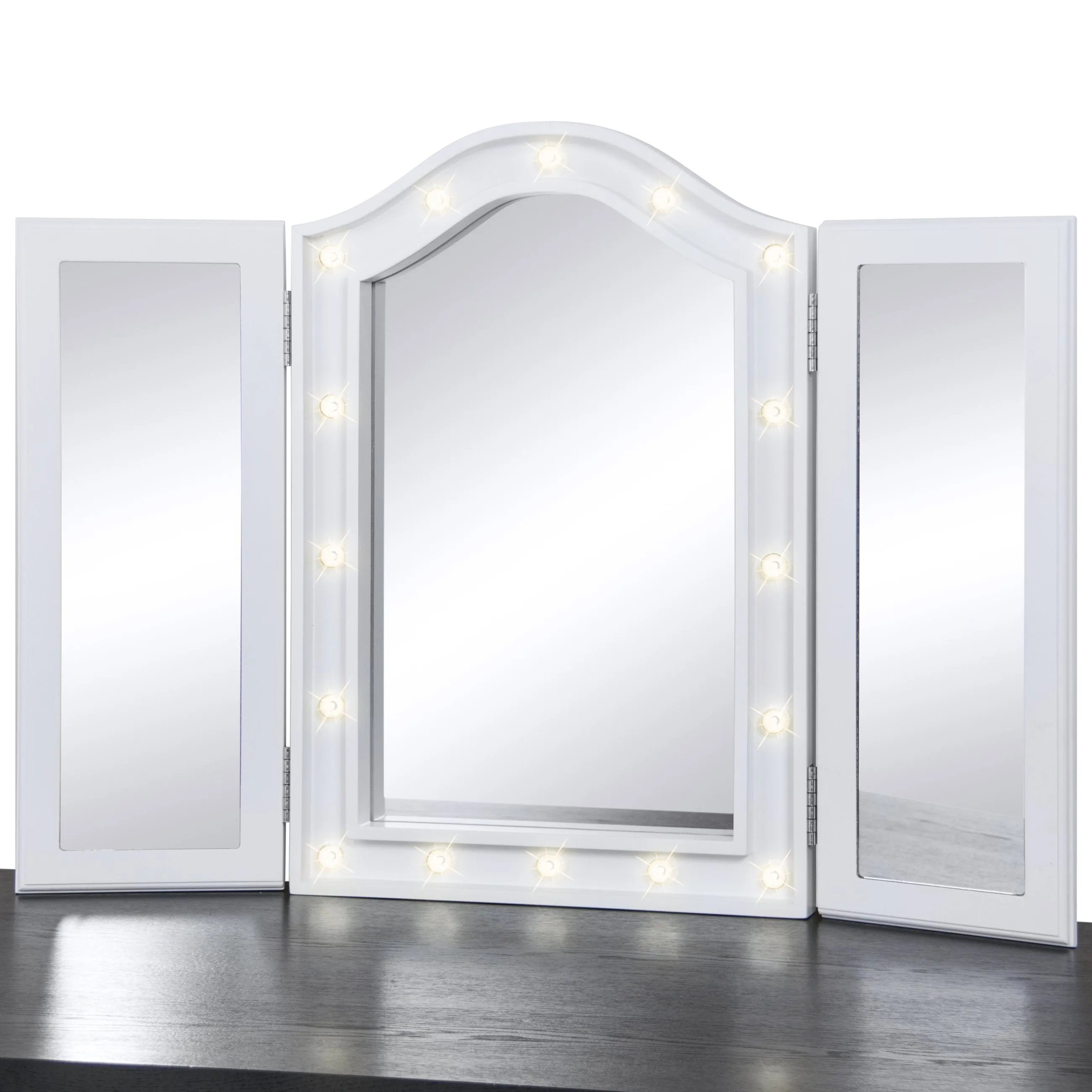 Lighted Tabletop Tri-Fold Vanity Mirror w/ 16 LED Lights, Velvet-Lined Back