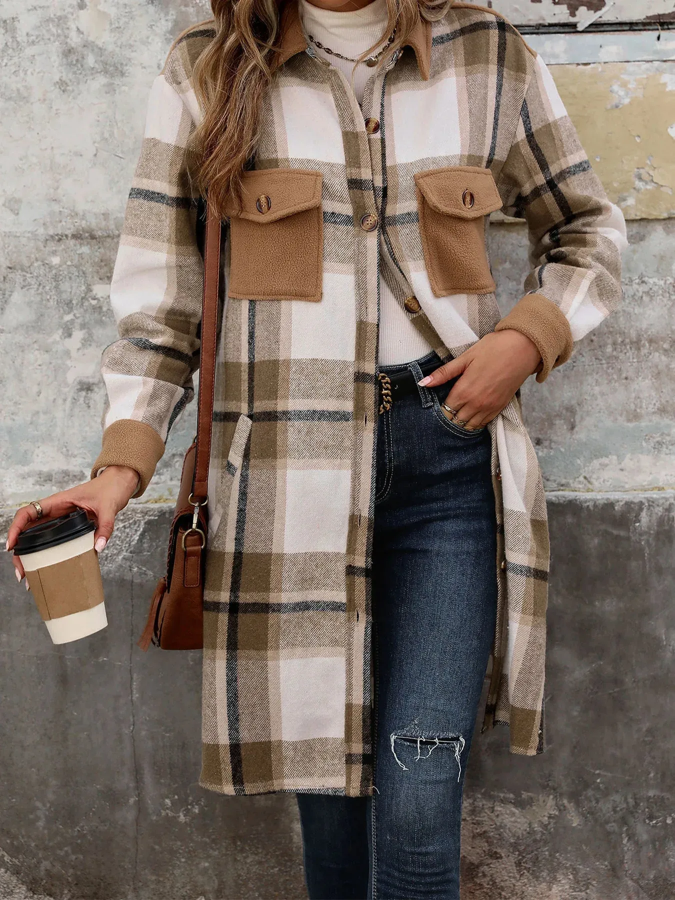 Long Casual Frosted Plaid Shacket with Contemporary Solid Accents