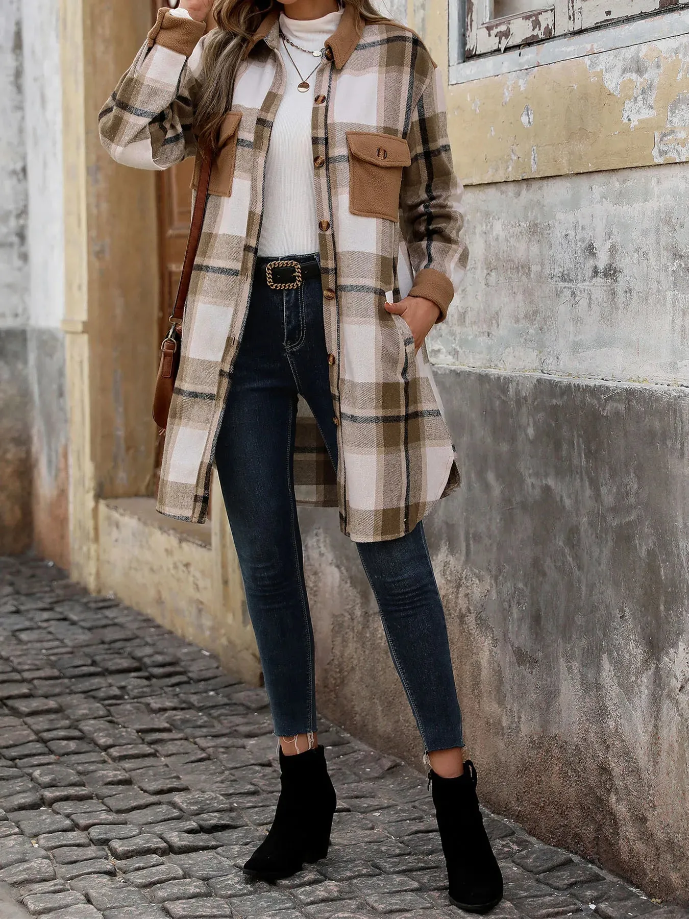 Long Casual Frosted Plaid Shacket with Contemporary Solid Accents