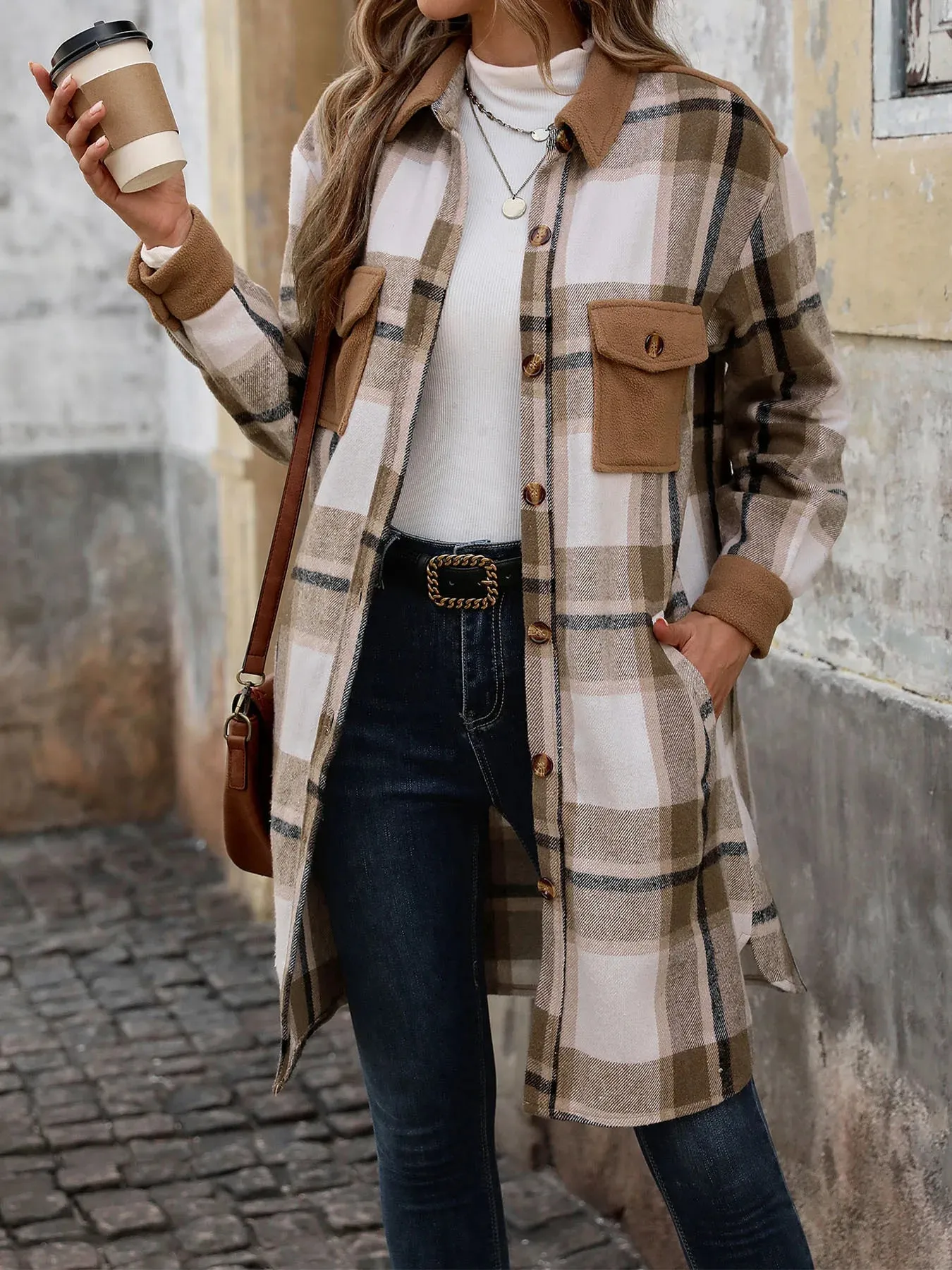 Long Casual Frosted Plaid Shacket with Contemporary Solid Accents