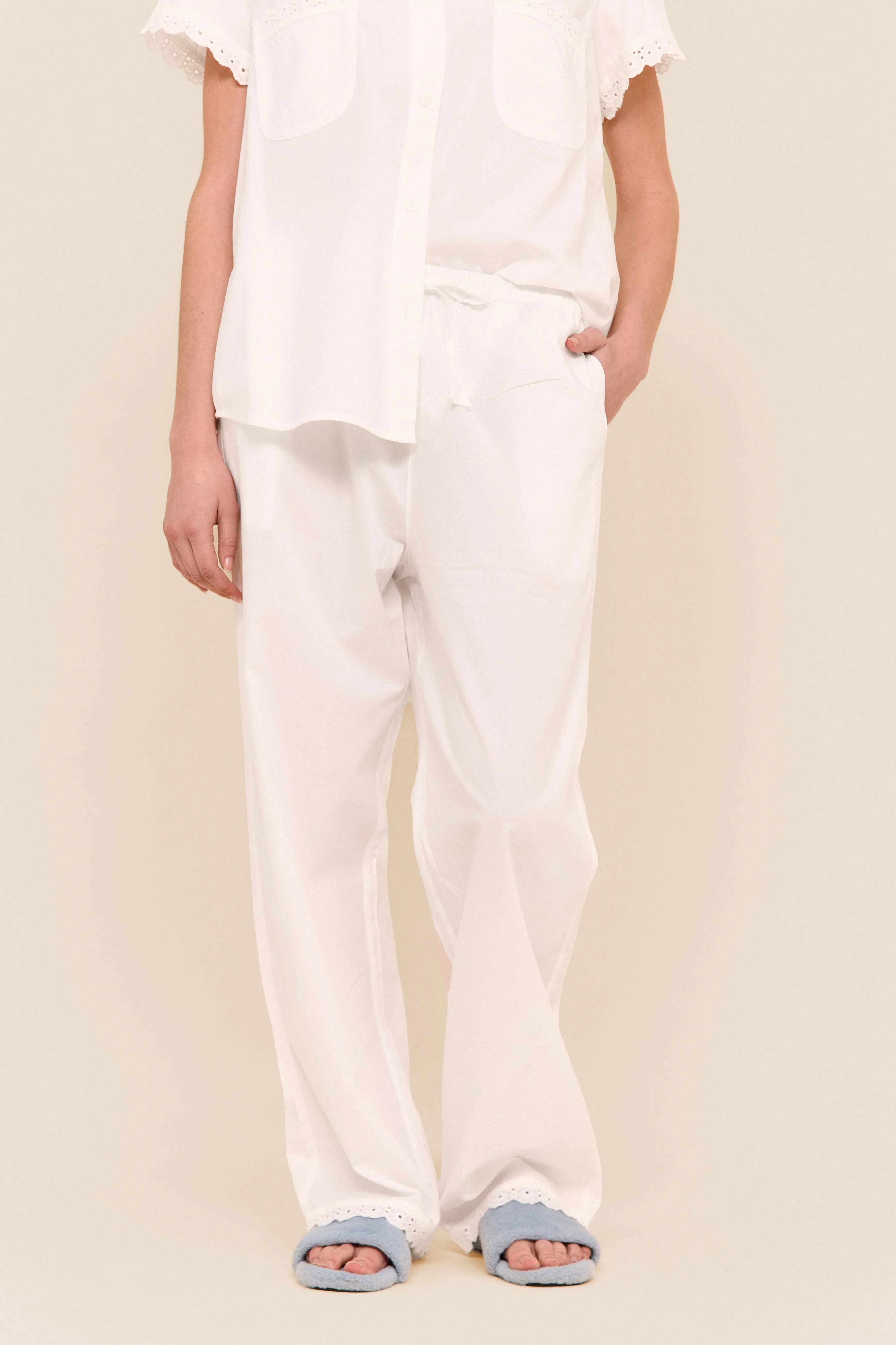 Maggie Pyjama Set - Long Pants - Off White Cotton Modal   Daisy Trim