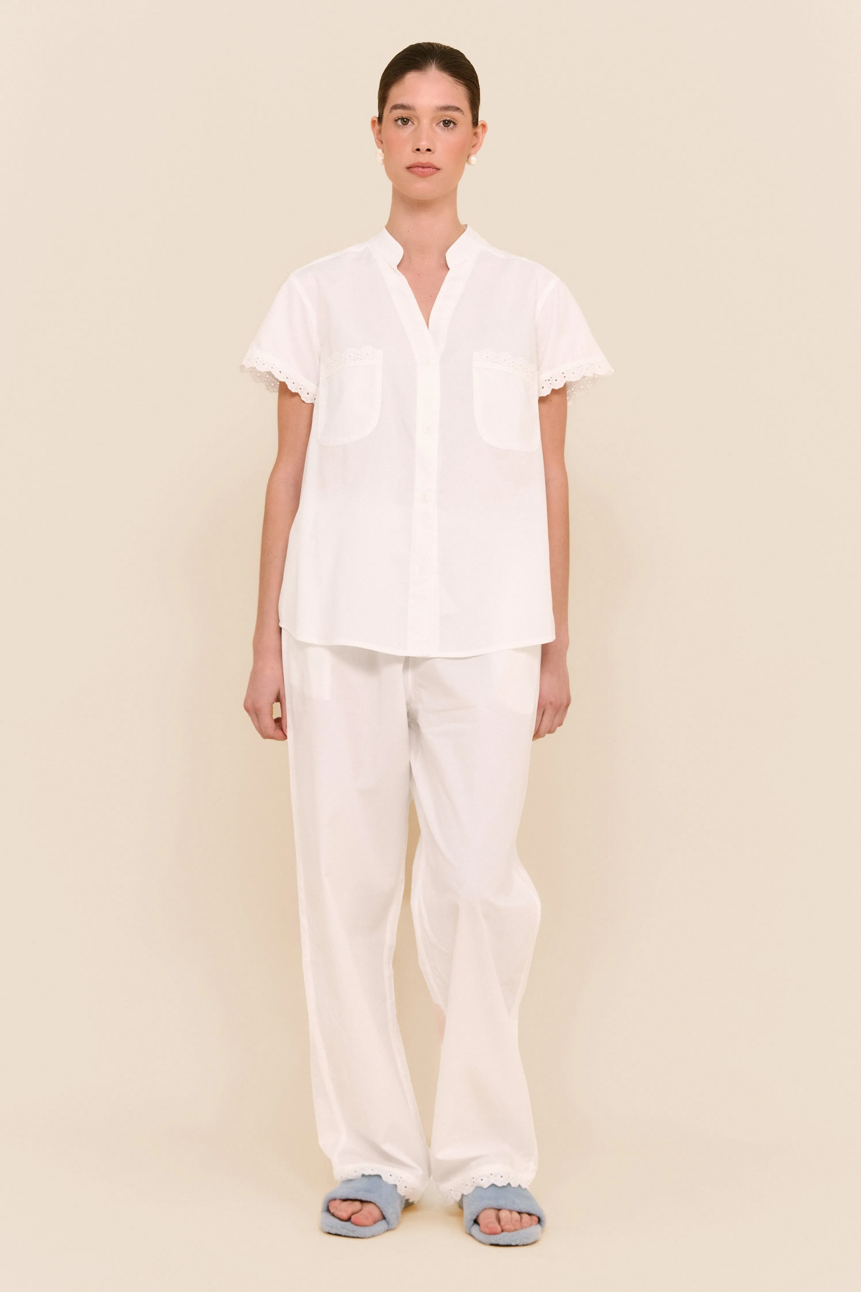 Maggie Pyjama Set - Long Pants - Off White Cotton Modal   Daisy Trim