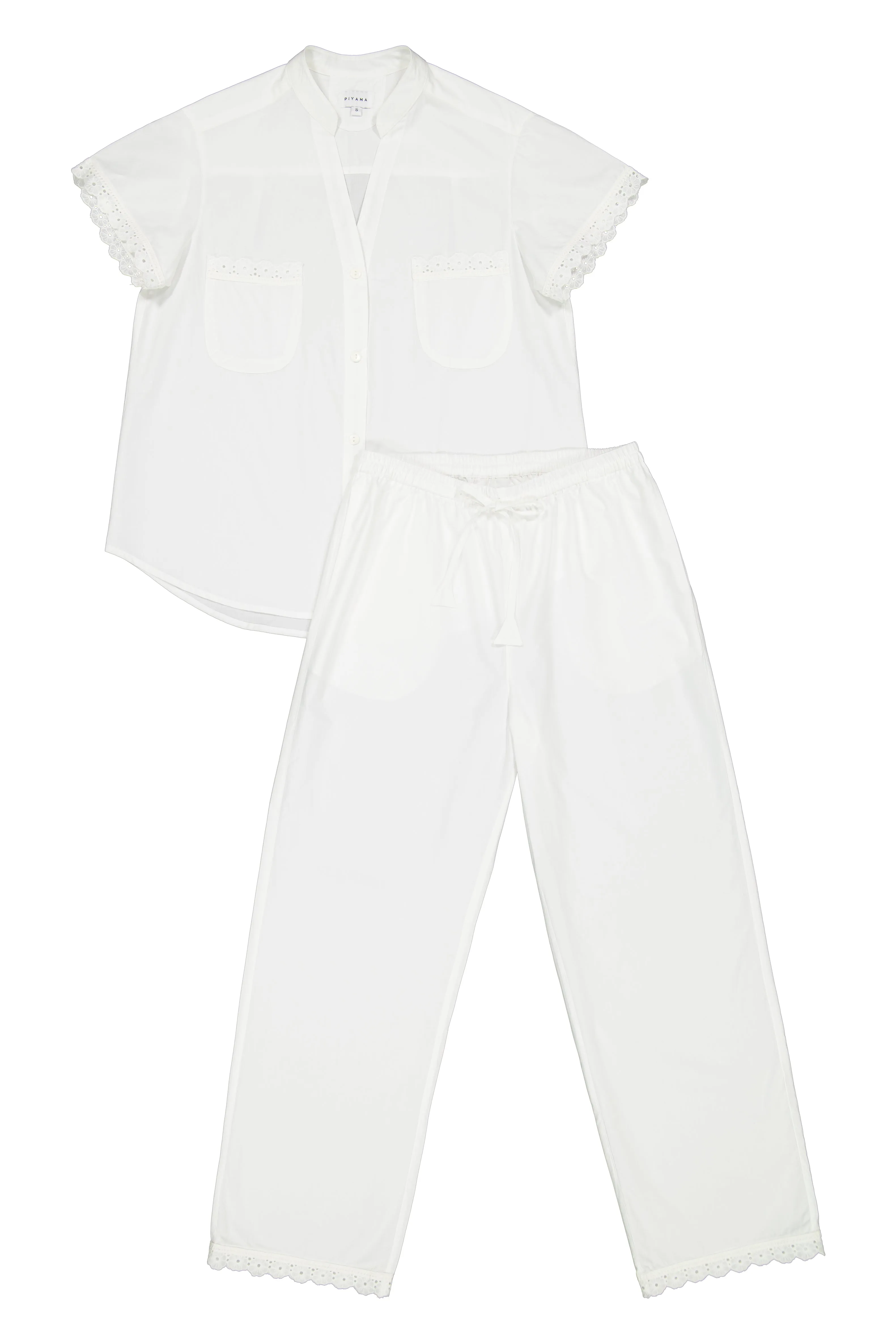 Maggie Pyjama Set - Long Pants - Off White Cotton Modal   Daisy Trim