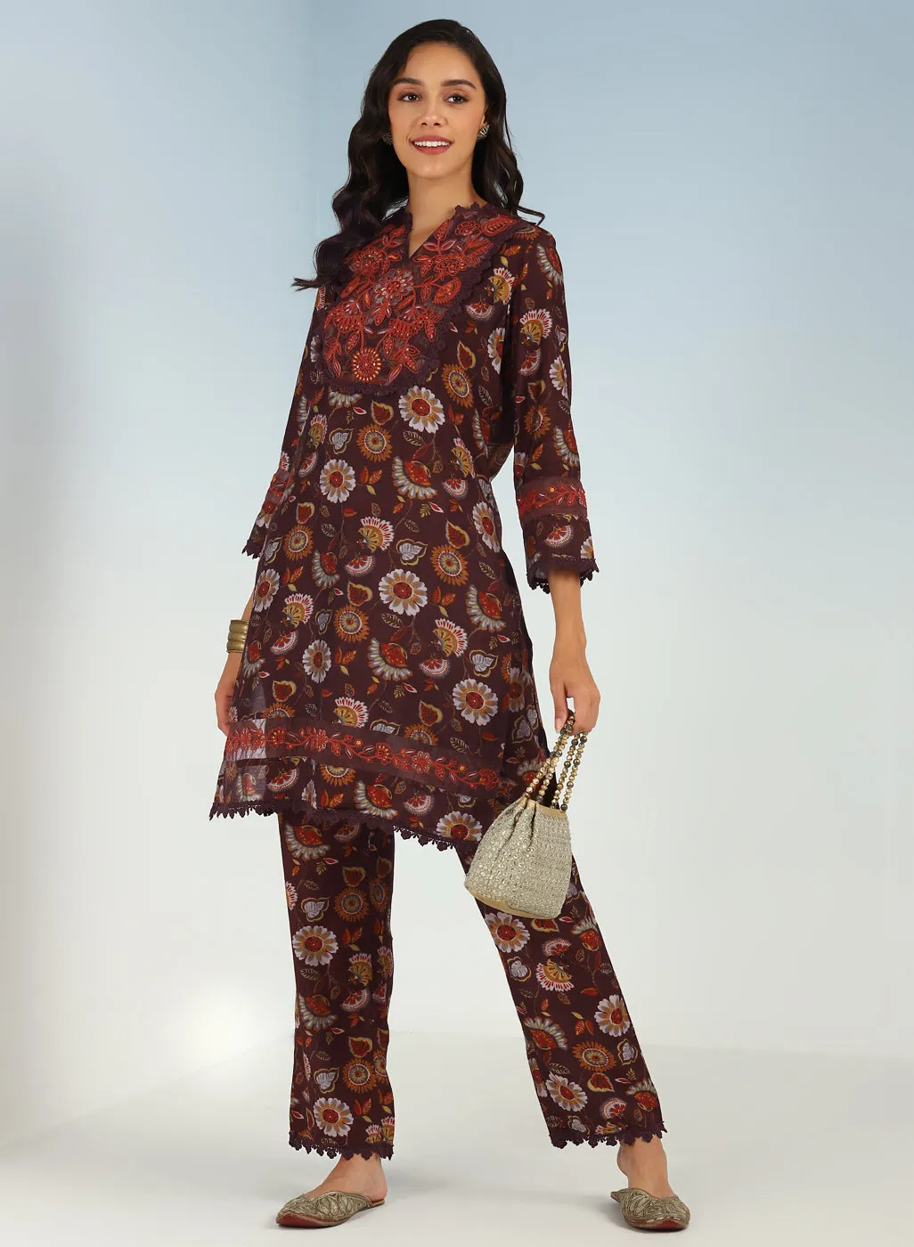 Maroon Floral Printed Modal Chanderi Kurta Set with Lace Work