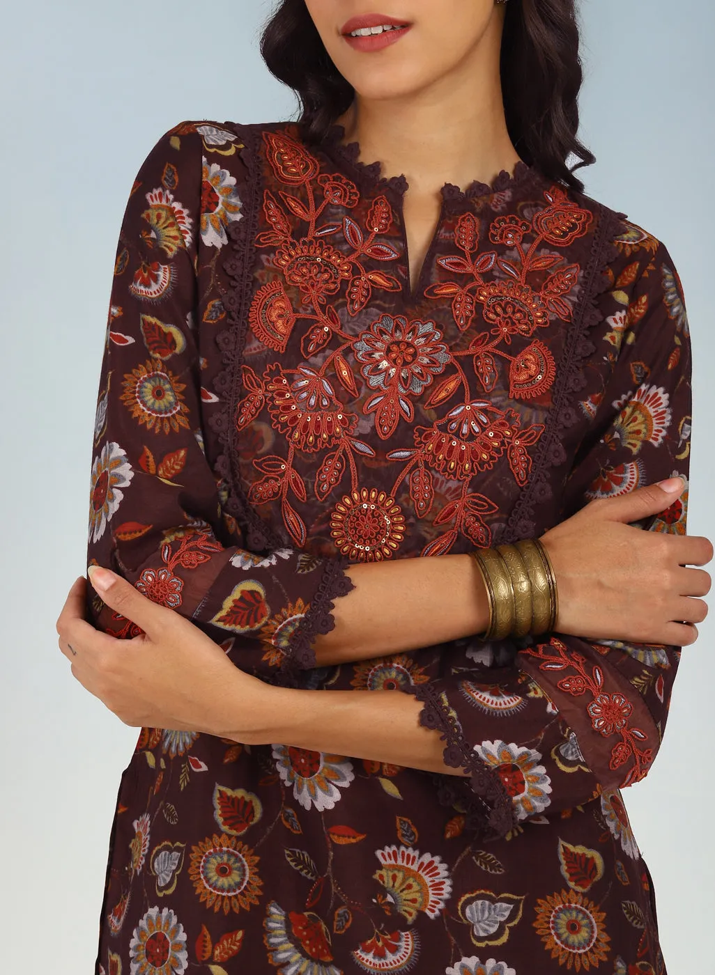 Maroon Floral Printed Modal Chanderi Kurta Set with Lace Work