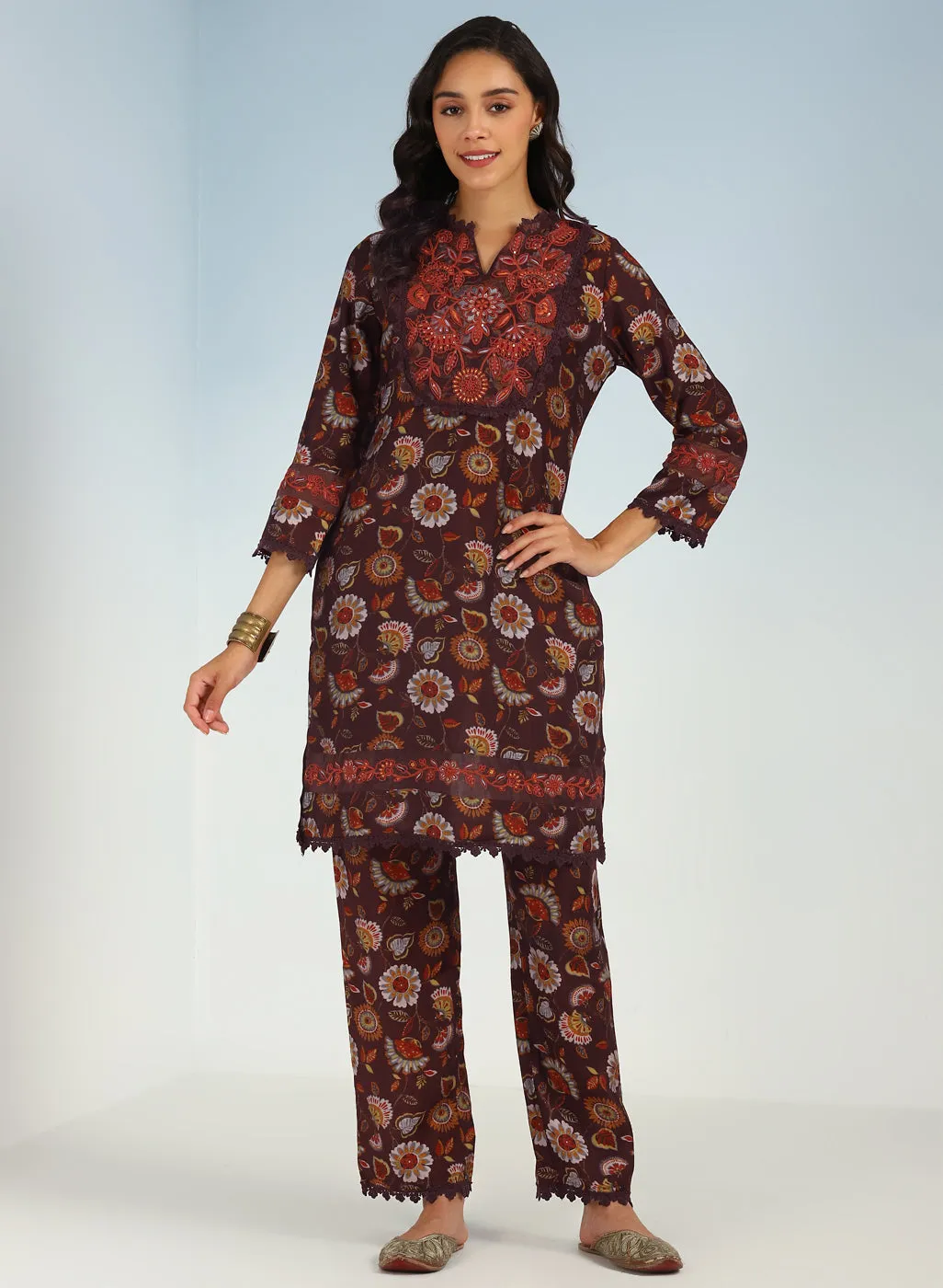 Maroon Floral Printed Modal Chanderi Kurta Set with Lace Work