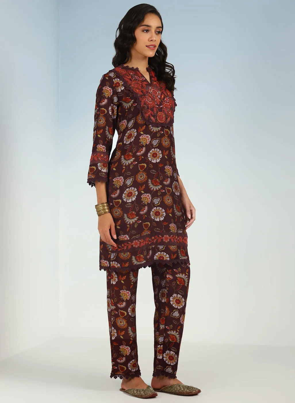 Maroon Floral Printed Modal Chanderi Kurta Set with Lace Work