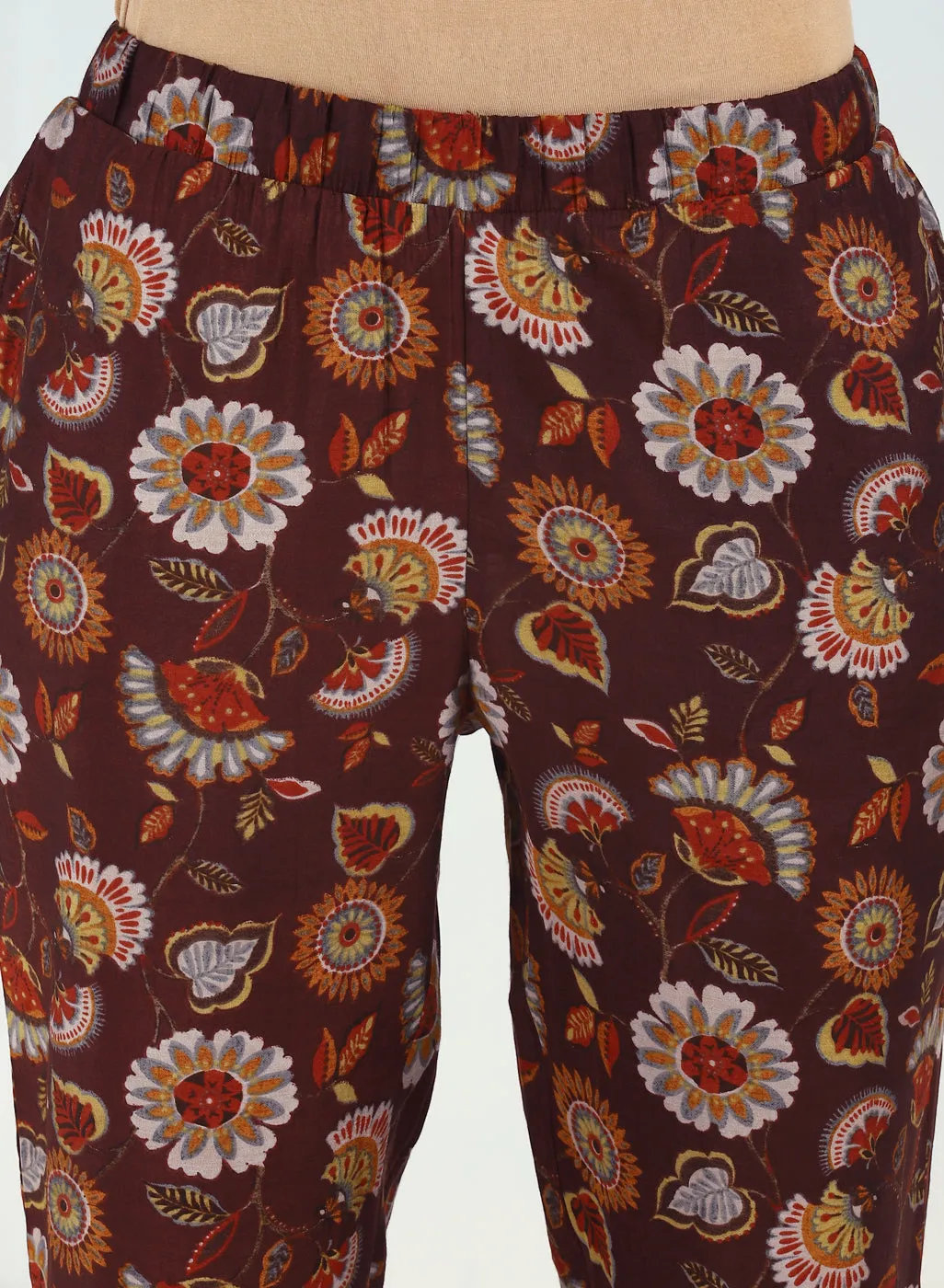 Maroon Floral Printed Modal Chanderi Kurta Set with Lace Work