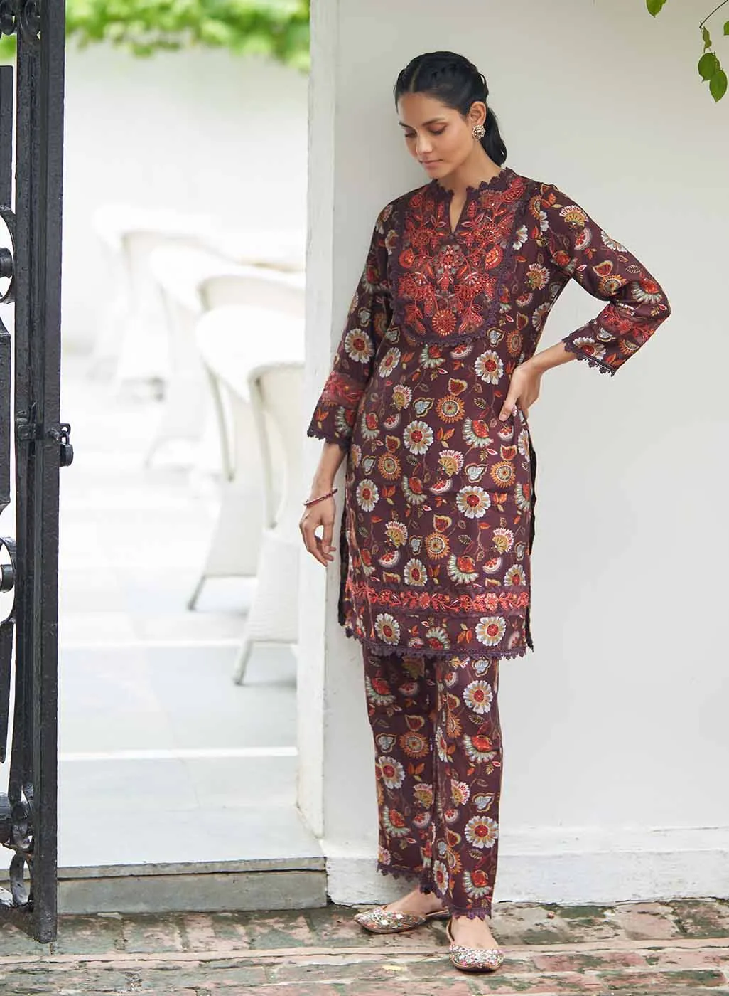 Maroon Floral Printed Modal Chanderi Kurta Set with Lace Work