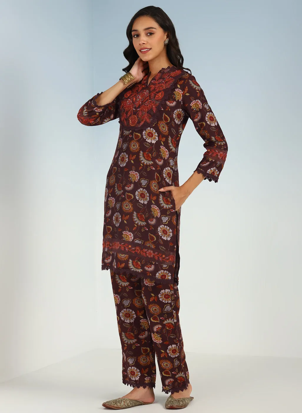 Maroon Floral Printed Modal Chanderi Kurta Set with Lace Work