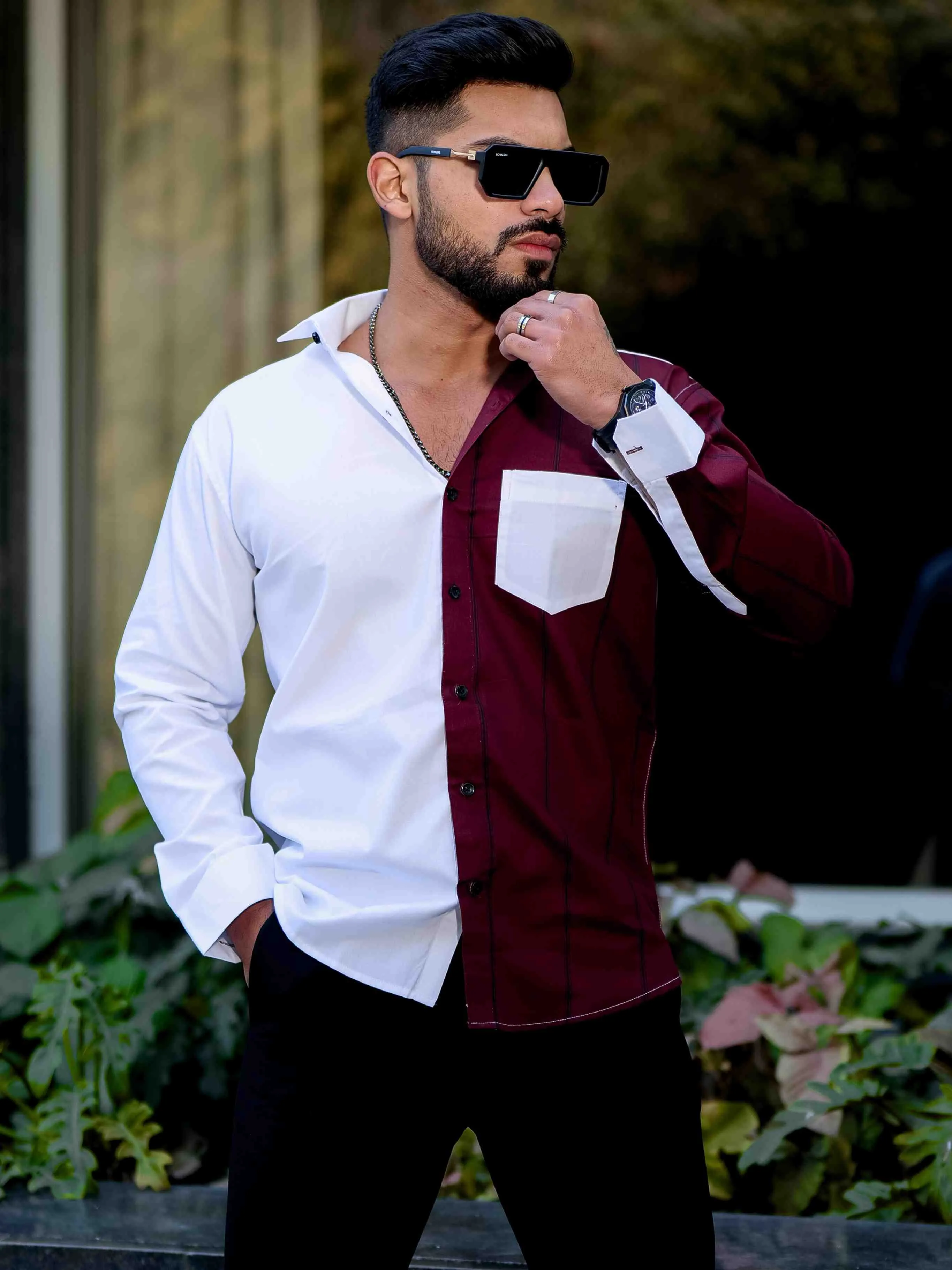 Maroon Satin Cotton Cut N Sew Designer Shirt