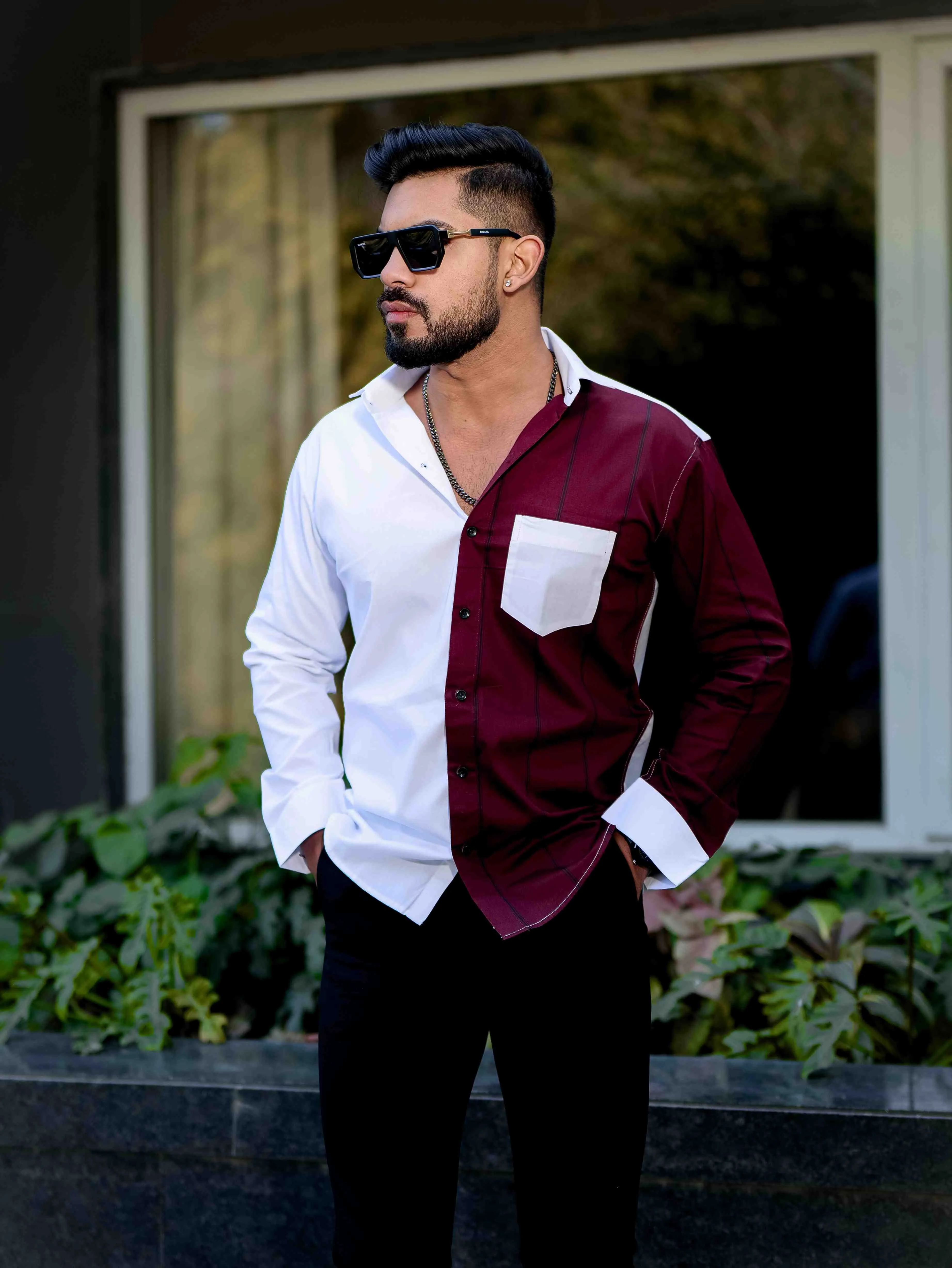 Maroon Satin Cotton Cut N Sew Designer Shirt