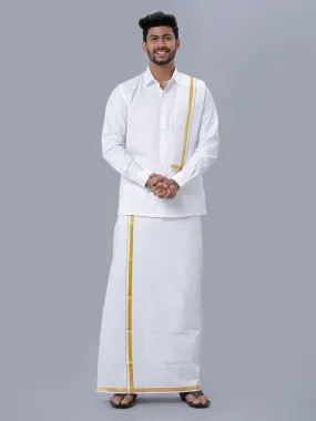 Men 100% Cotton White Full Sleeves Shirt, Double Dhoti, Towel & Belt Combo