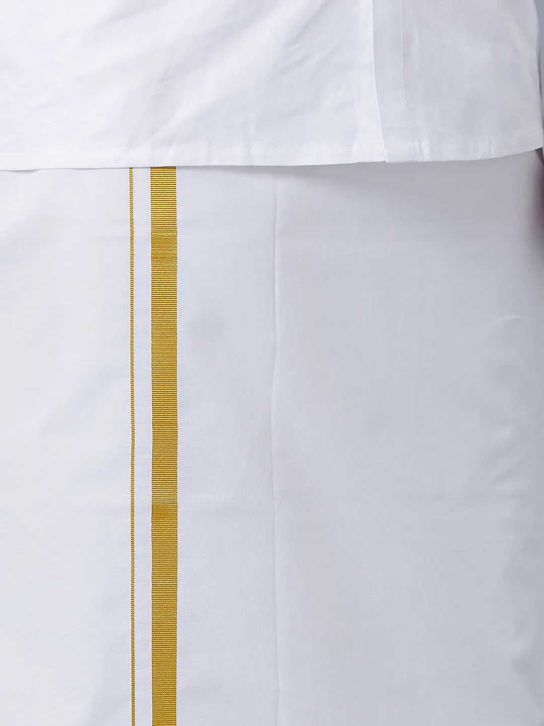 Men 100% Cotton White Full Sleeves Shirt, Double Dhoti, Towel & Belt Combo