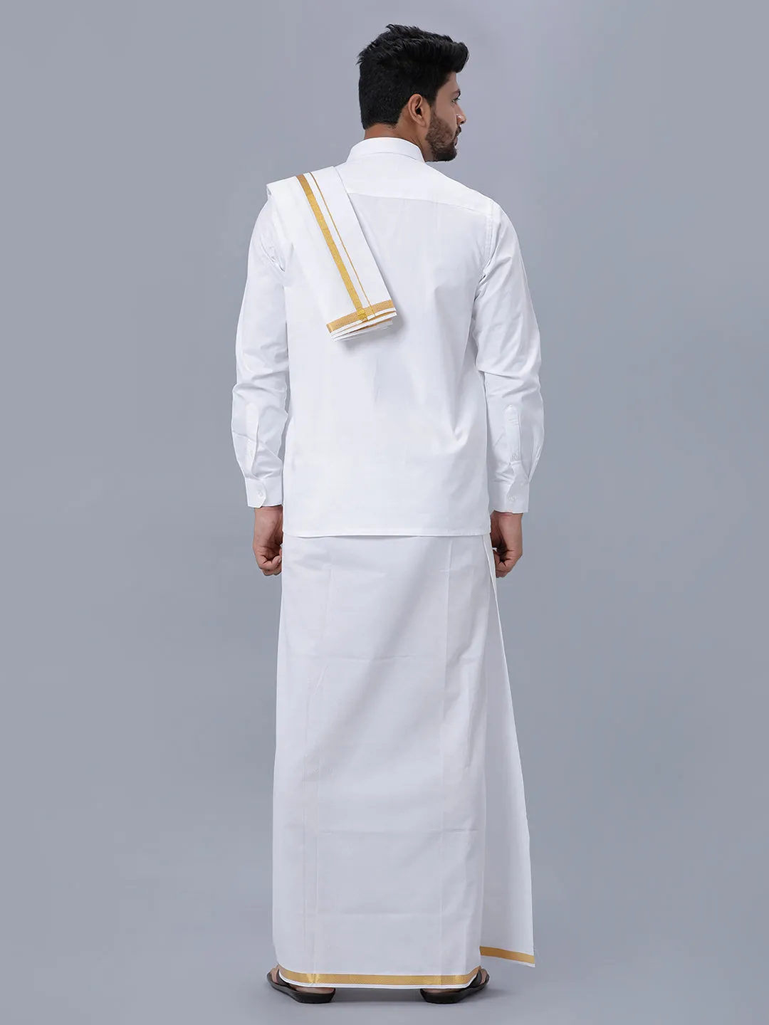 Men 100% Cotton White Full Sleeves Shirt, Double Dhoti, Towel & Belt Combo