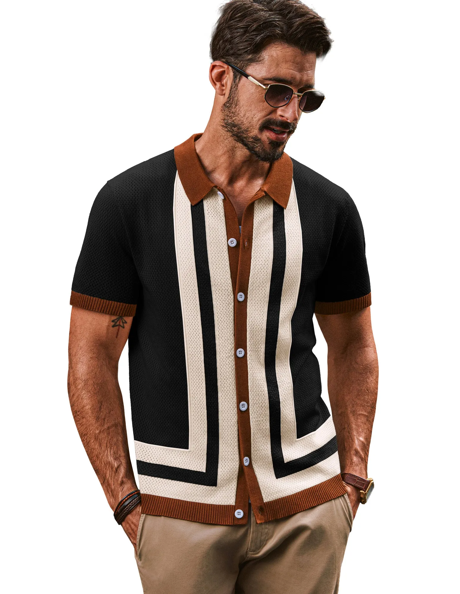 Men Contrast Color Cardigan Short Sleeve Lapel Collar Button-up Sweater