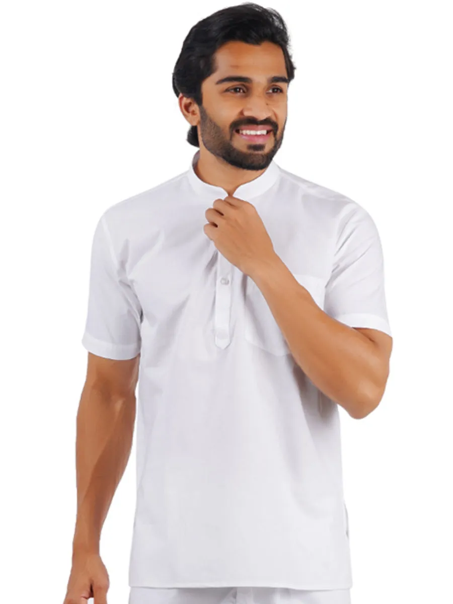 Men Cotton Half Sleeves Short Length White Kurta