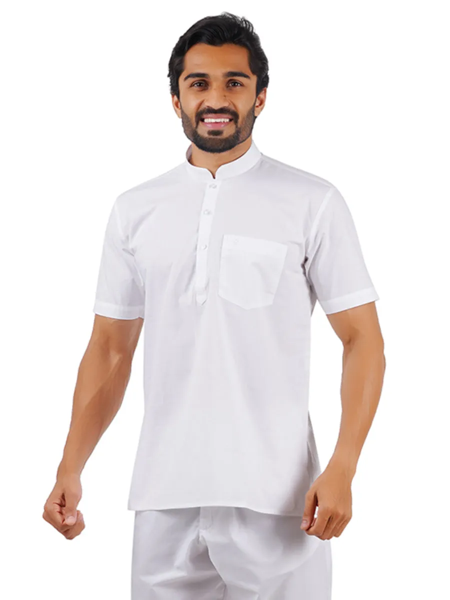 Men Cotton Half Sleeves Short Length White Kurta