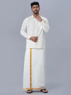 Men Cream Cotton Full Sleeves Shirt with Gold Jari 3/4" inch Double Dhoti Combo