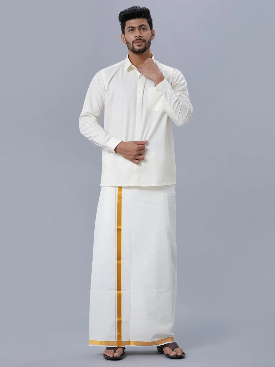 Men Cream Cotton Full Sleeves Shirt with Gold Jari 3/4" inch Double Dhoti Combo