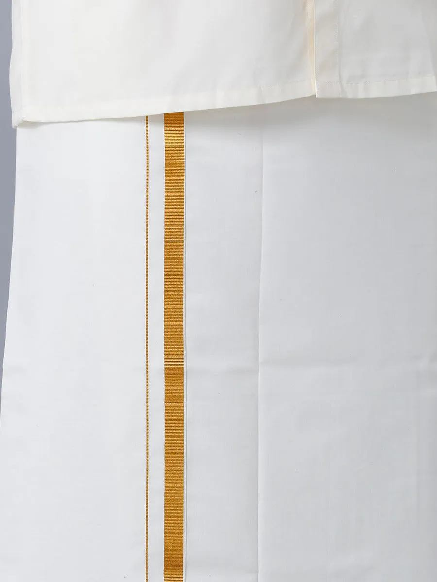 Men Cream Cotton Full Sleeves Shirt with Gold Jari 3/4" inch Double Dhoti Combo